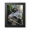 Dark elf assassin wall art featuring a hooded female rogue in ornate armor, wielding a dagger and arrows, standing alert in a forest setting.