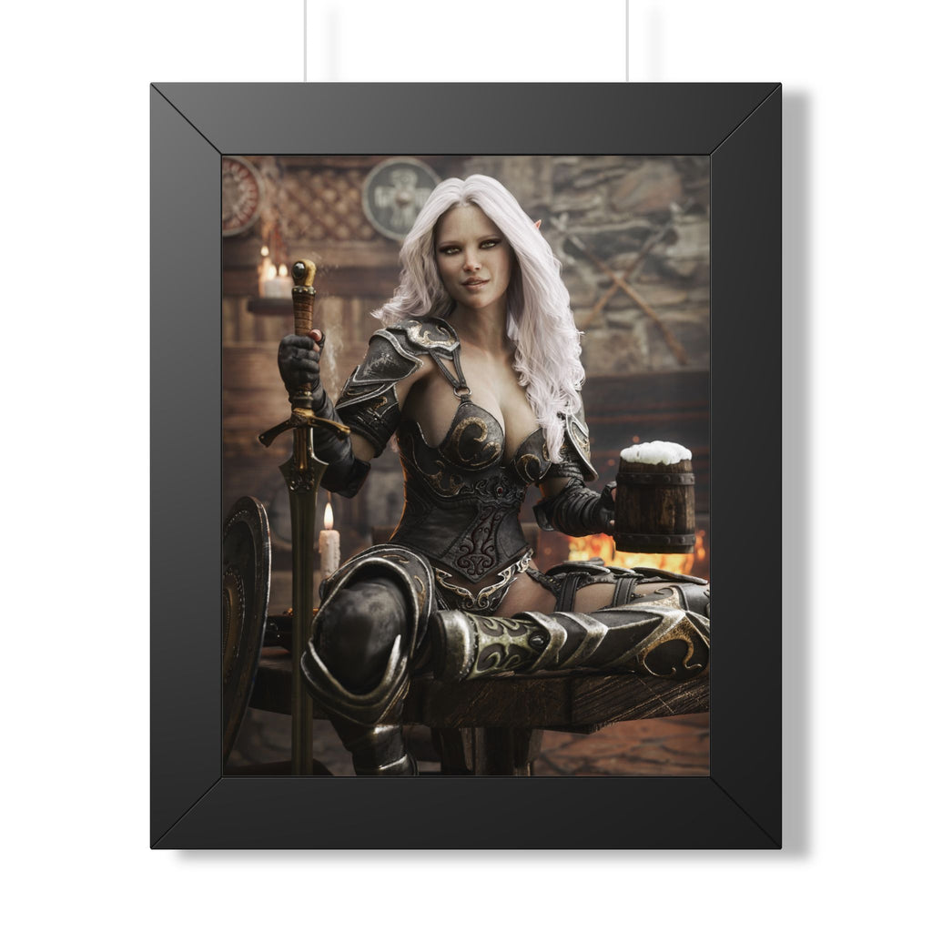 Dark elf warrior with flowing silver hair relaxes in a medieval tavern, holding a frothy ale beside her sword and shield near a glowing hearth.