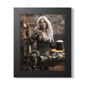 Dark elf warrior with flowing silver hair relaxes in a medieval tavern, holding a frothy ale beside her sword and shield near a glowing hearth.