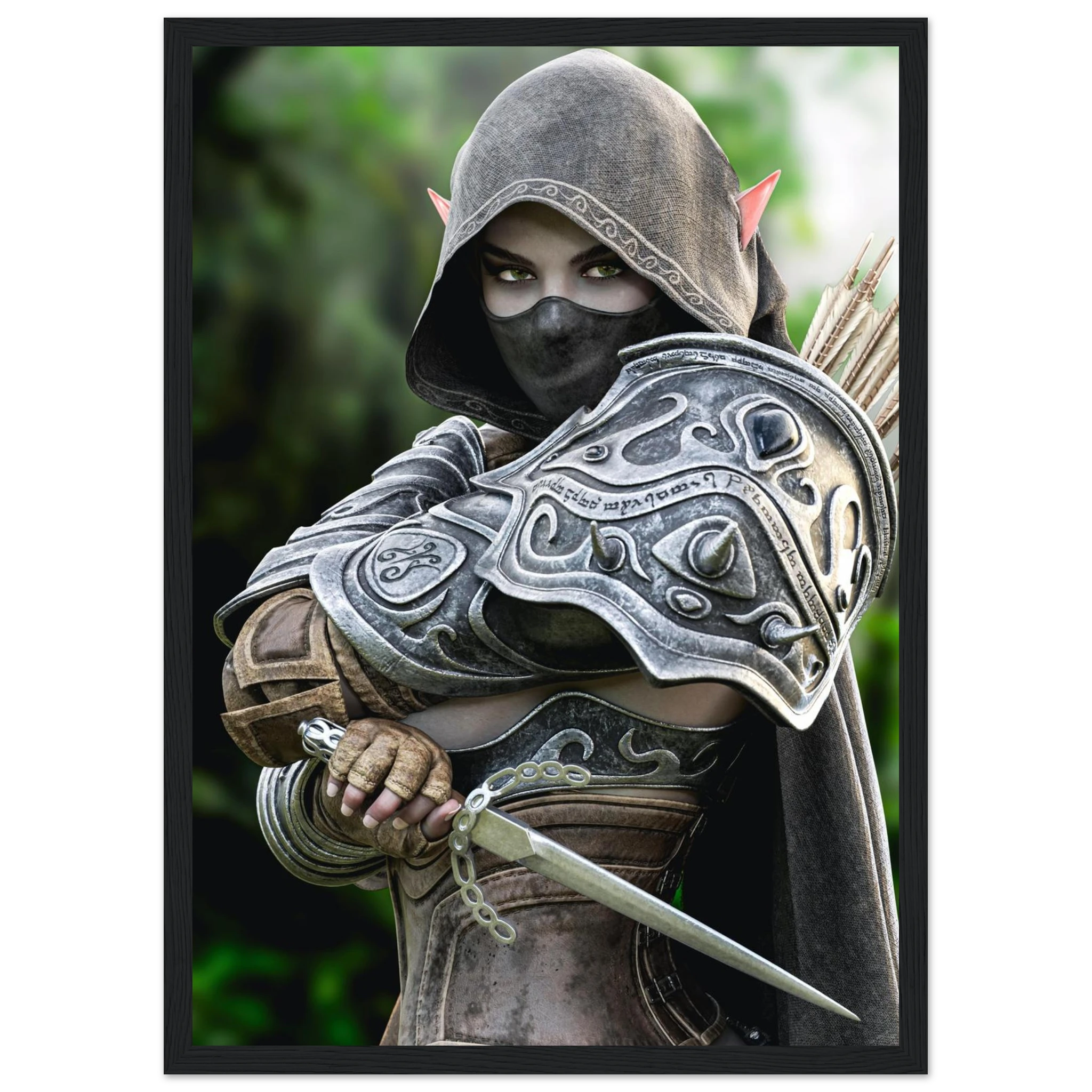 Hooded Dark Elf Rogue Assassin wall art featuring a masked female elven warrior with emerald eyes, engraved silver armor, a razor-sharp dagger, and a quiver of arrows in an enchanted forest. Handcrafted fantasy artwork perfect for gaming rooms, RPG fans, and medieval fantasy décor.