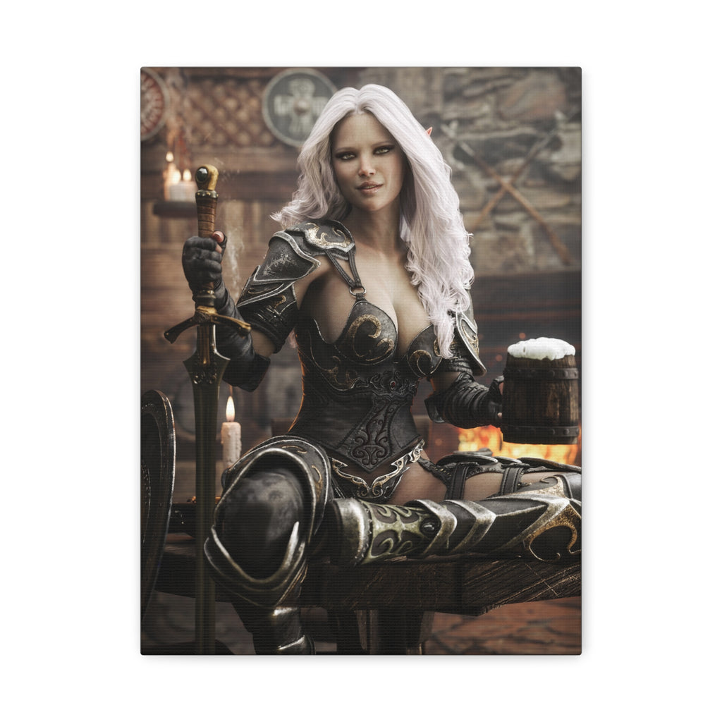 Dark elf warrior with flowing silver hair relaxes in a medieval tavern, holding a frothy ale beside her sword and shield near a glowing hearth.