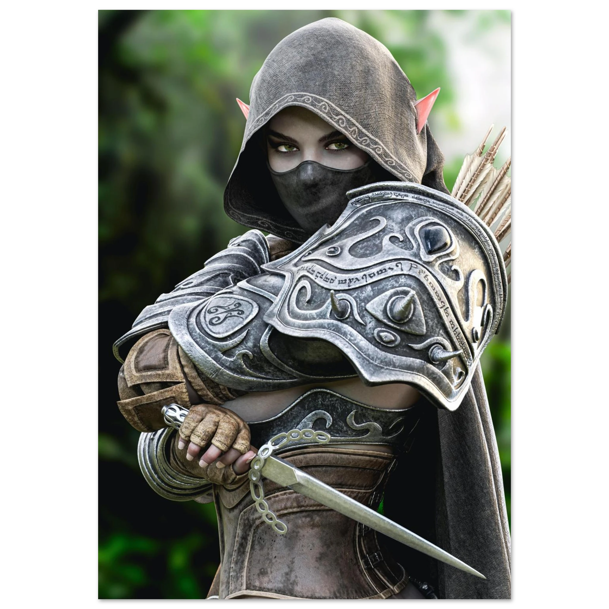 Hooded Dark Elf Rogue Assassin wall art featuring a masked female elven warrior with emerald eyes, engraved silver armor, a razor-sharp dagger, and a quiver of arrows in an enchanted forest. Handcrafted fantasy artwork perfect for gaming rooms, RPG fans, and medieval fantasy décor.