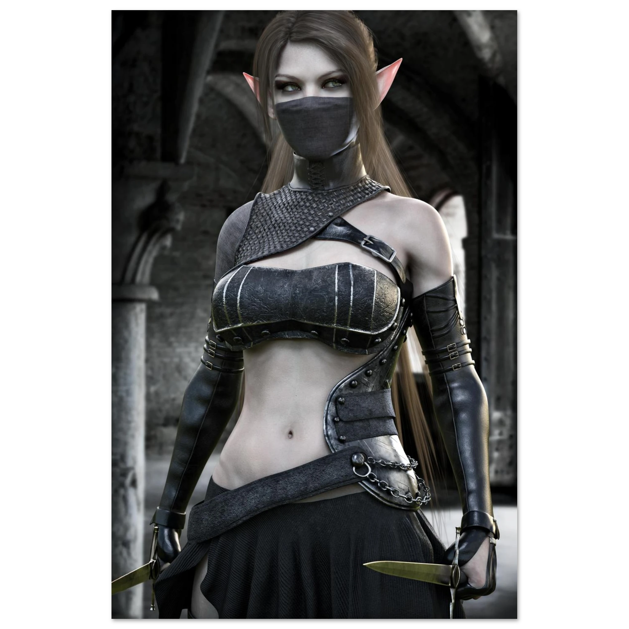 A woman with pointed ears wearing a dark fantasy elf-inspired costume, including a black face mask, black leather-look arm sleeves, a cropped black top with metallic trim, and a black skirt, posed in a dim stone corridor while holding a knife.