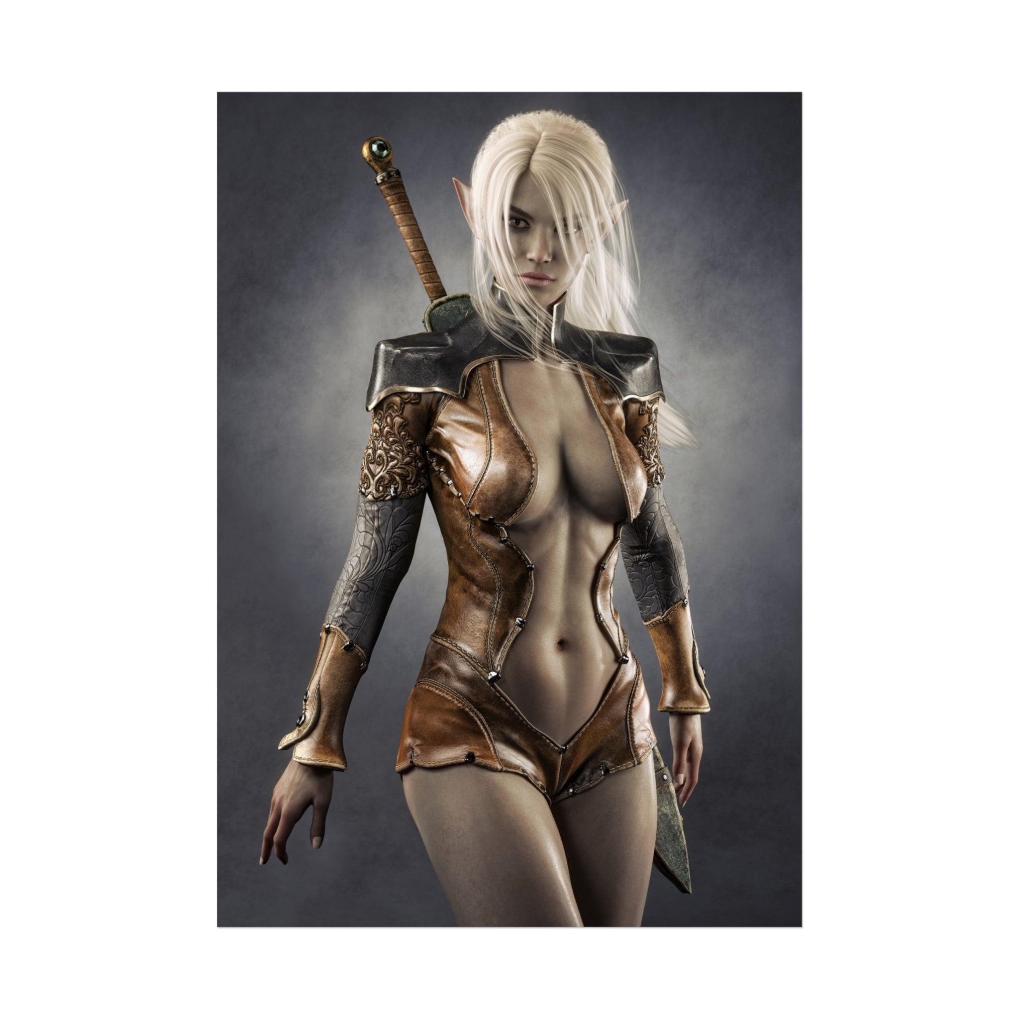 White-haired dark elf warrior in ornate leather armor with a sword on her back, standing confidently in a dramatic fantasy portrait.