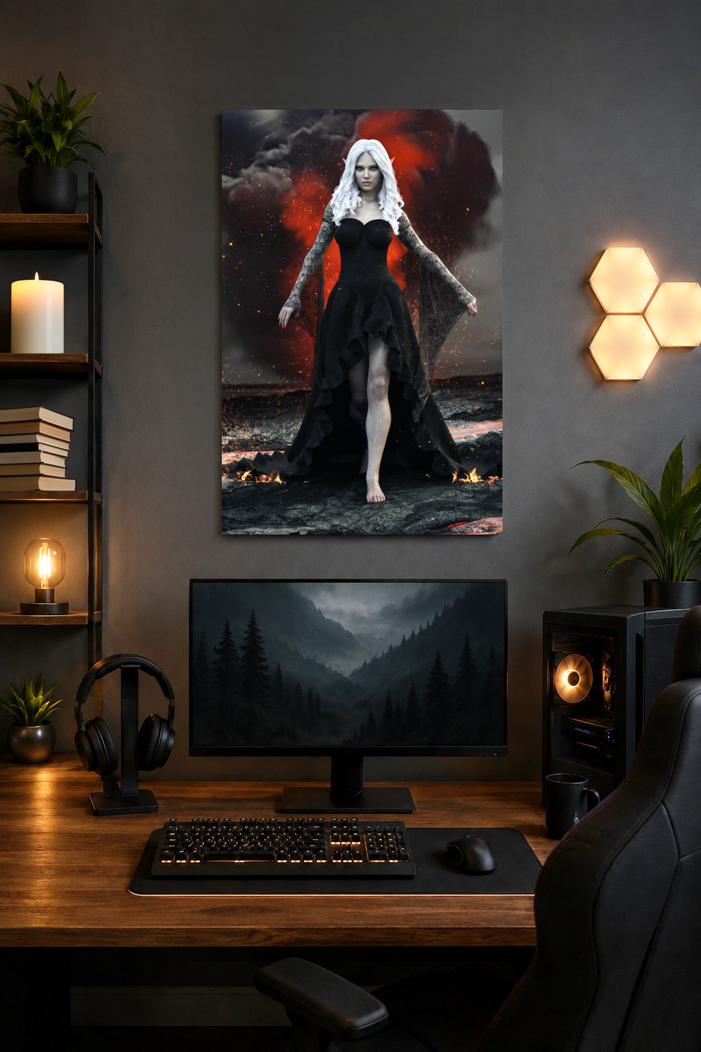 Fantasy wall art of a dark elf sorceress with flowing white hair and a black gown, walking through lava, fire, smoke, and glowing embers.