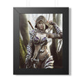 Fantasy wall art featuring a hooded dark elf archer in ornate purple armor, aiming a detailed bow in an enchanted forest filled with mystery.