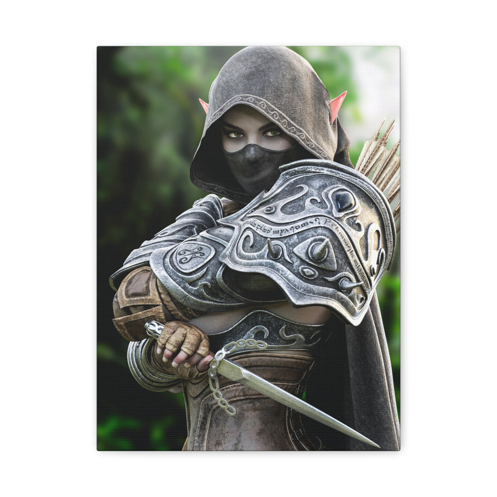 Dark elf assassin wall art featuring a hooded female rogue in ornate armor, wielding a dagger and arrows, standing alert in a forest setting.