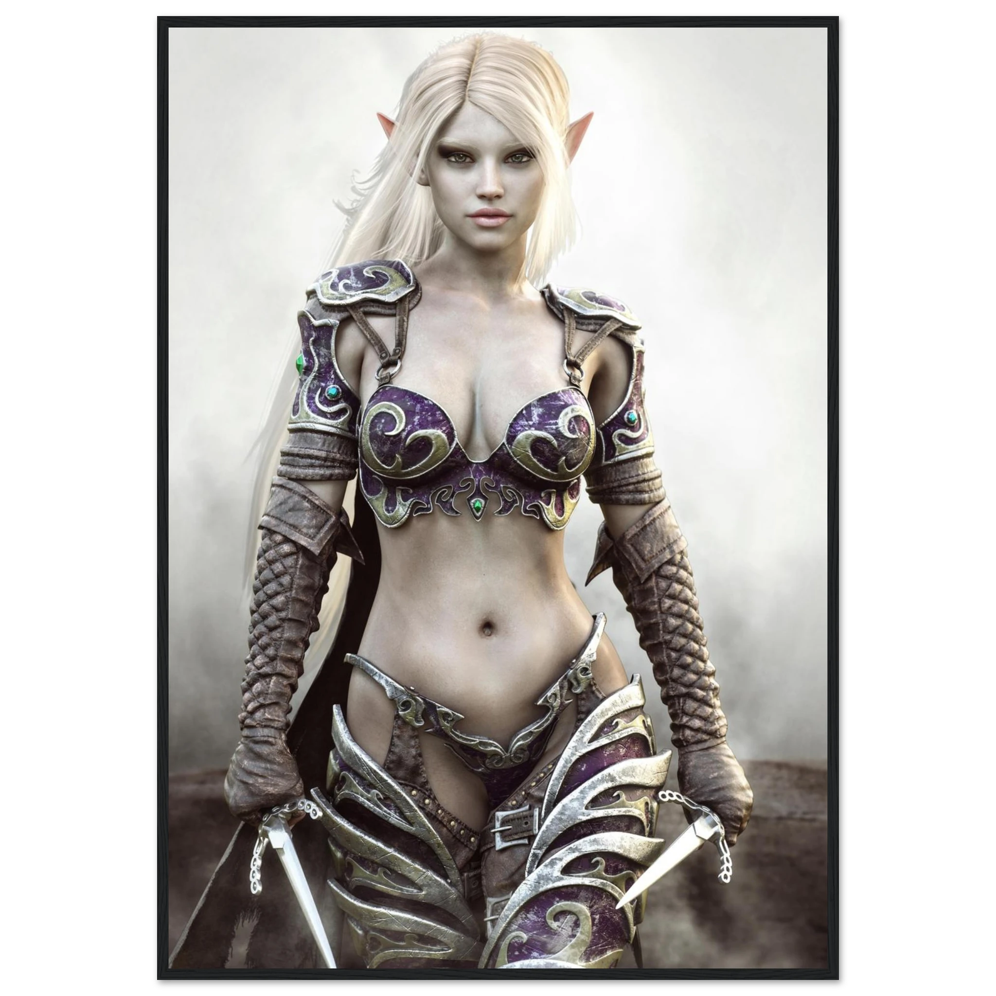 A framed vertical art print featuring a fantasy elf woman with long platinum-blonde hair, pointed ears, and ornate dark armor with purple and silver details, standing against a smoky gray background.