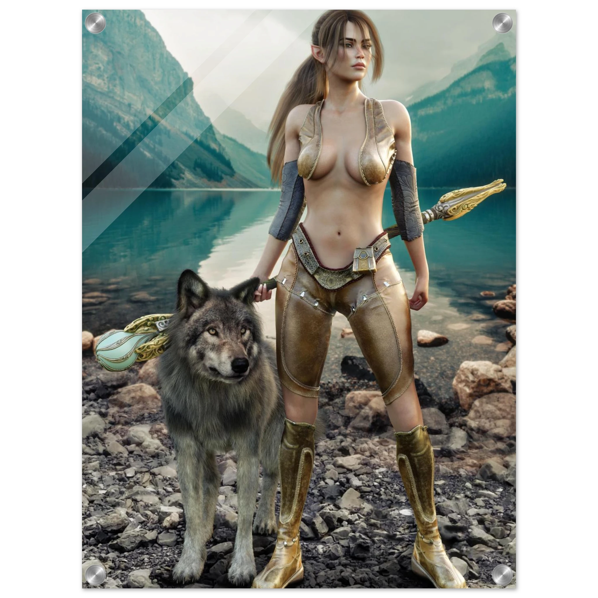Handcrafted Druid wall art featuring a fantasy druid standing beside her loyal wolf with an ornate staff on the shore of a crystal-clear mountain lake. Fantasy artwork perfect for gaming rooms, RPG fans, nature lovers, and medieval fantasy décor.