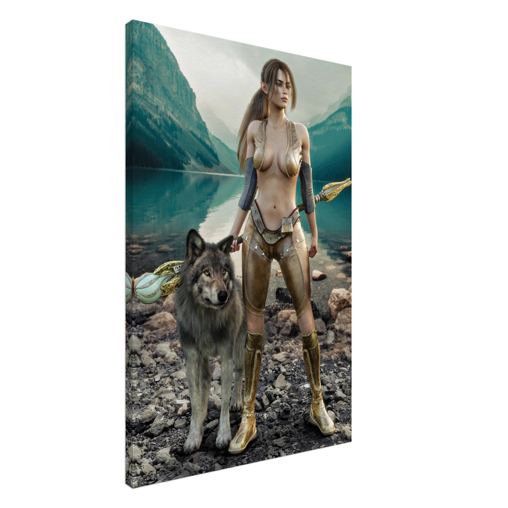 Handcrafted Druid wall art featuring a fantasy druid standing beside her loyal wolf with an ornate staff on the shore of a crystal-clear mountain lake. Fantasy artwork perfect for gaming rooms, RPG fans, nature lovers, and medieval fantasy décor.
