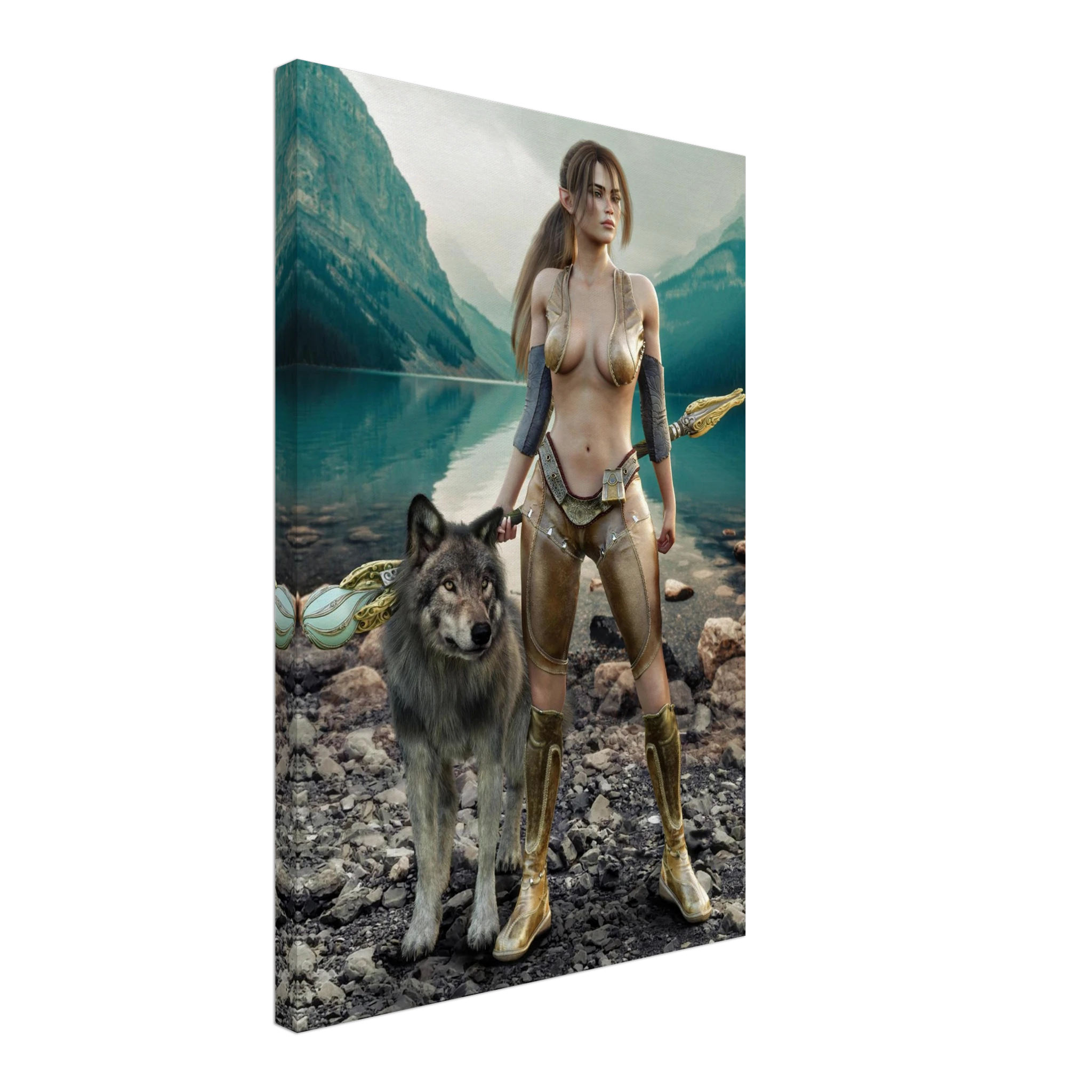 Handcrafted Druid wall art featuring a fantasy druid standing beside her loyal wolf with an ornate staff on the shore of a crystal-clear mountain lake. Fantasy artwork perfect for gaming rooms, RPG fans, nature lovers, and medieval fantasy décor.