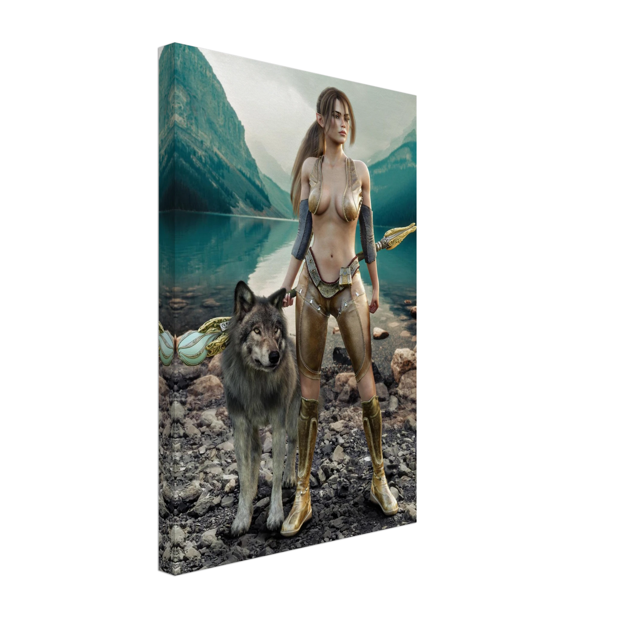 Handcrafted Druid wall art featuring a fantasy druid standing beside her loyal wolf with an ornate staff on the shore of a crystal-clear mountain lake. Fantasy artwork perfect for gaming rooms, RPG fans, nature lovers, and medieval fantasy décor.