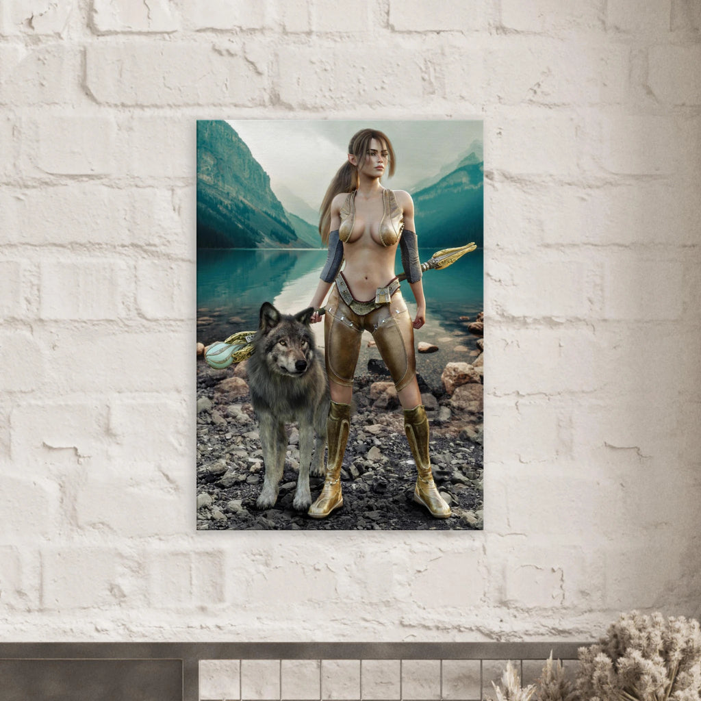 Handcrafted Druid wall art featuring a fantasy druid standing beside her loyal wolf with an ornate staff on the shore of a crystal-clear mountain lake. Fantasy artwork perfect for gaming rooms, RPG fans, nature lovers, and medieval fantasy décor.