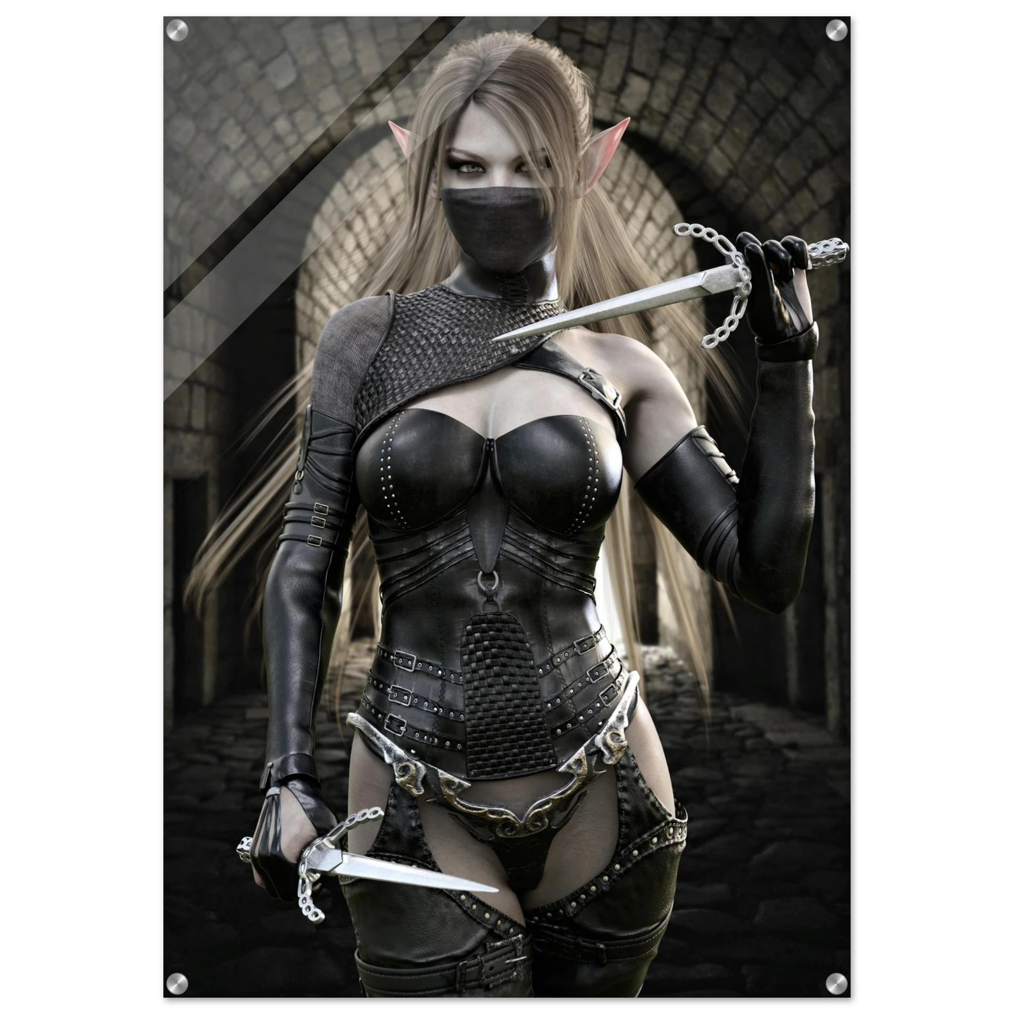 Handcrafted Elf Assassin wall art featuring a masked female elven rogue wielding twin daggers inside an ancient stone fortress. Fantasy artwork perfect for gaming rooms, RPG fans, and medieval fantasy décor.