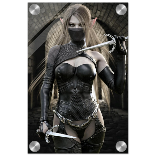 Handcrafted Elf Assassin wall art featuring a masked female elven rogue wielding twin daggers inside an ancient stone fortress. Fantasy artwork perfect for gaming rooms, RPG fans, and medieval fantasy décor.