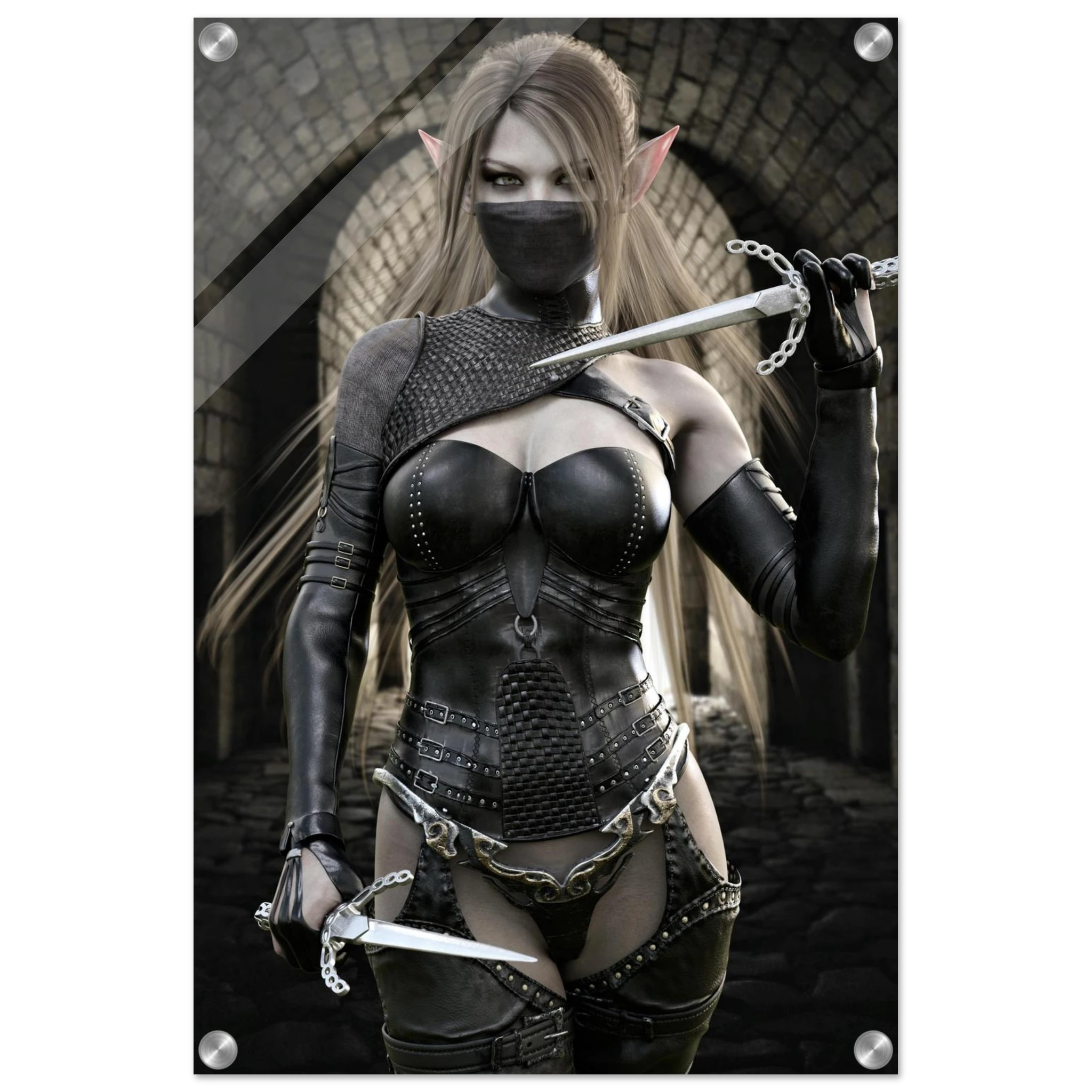 Handcrafted Elf Assassin wall art featuring a masked female elven rogue wielding twin daggers inside an ancient stone fortress. Fantasy artwork perfect for gaming rooms, RPG fans, and medieval fantasy décor.