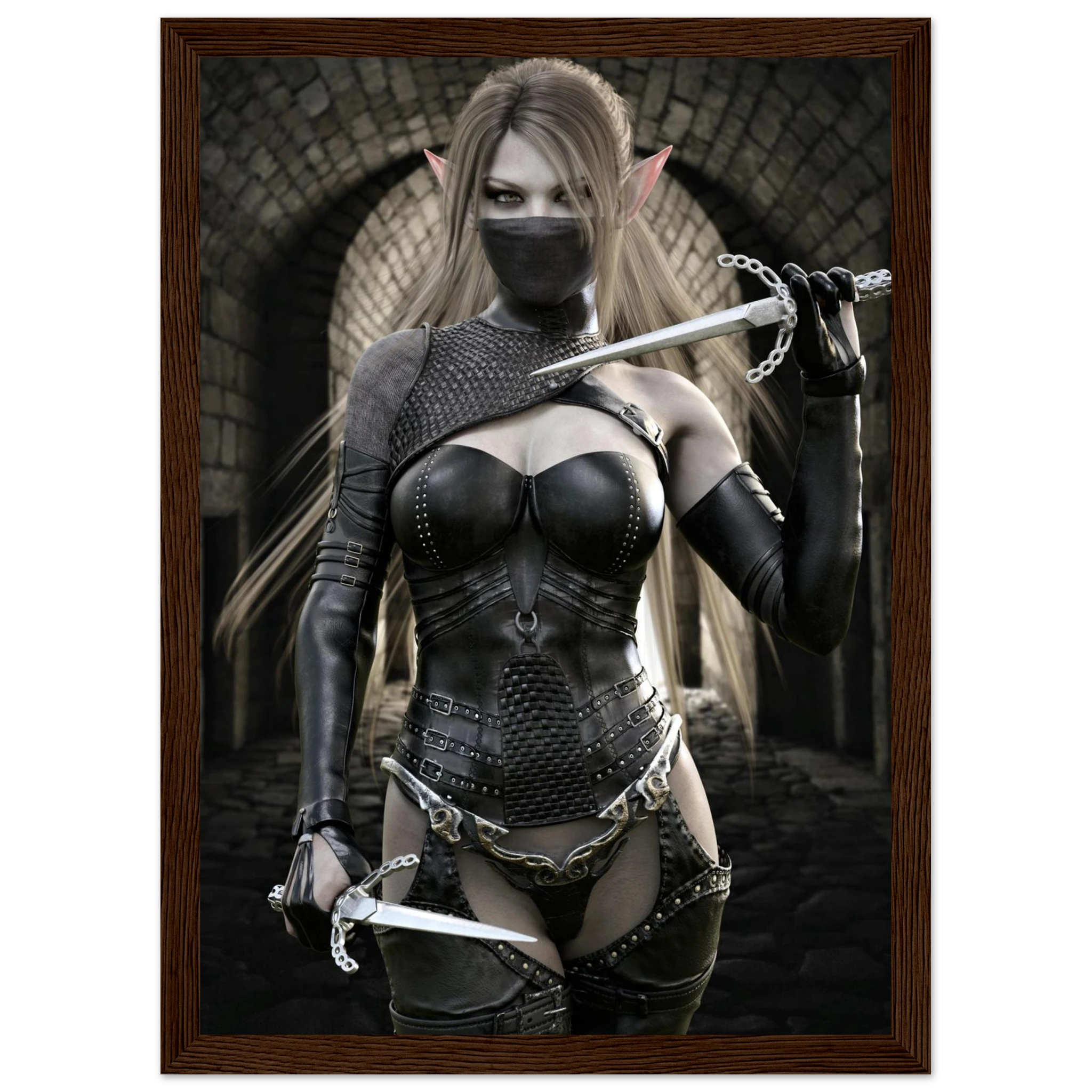 A framed fantasy art print depicting a female elf warrior with long blonde hair, wearing dark metallic armor and holding two swords, set against a stone archway background.