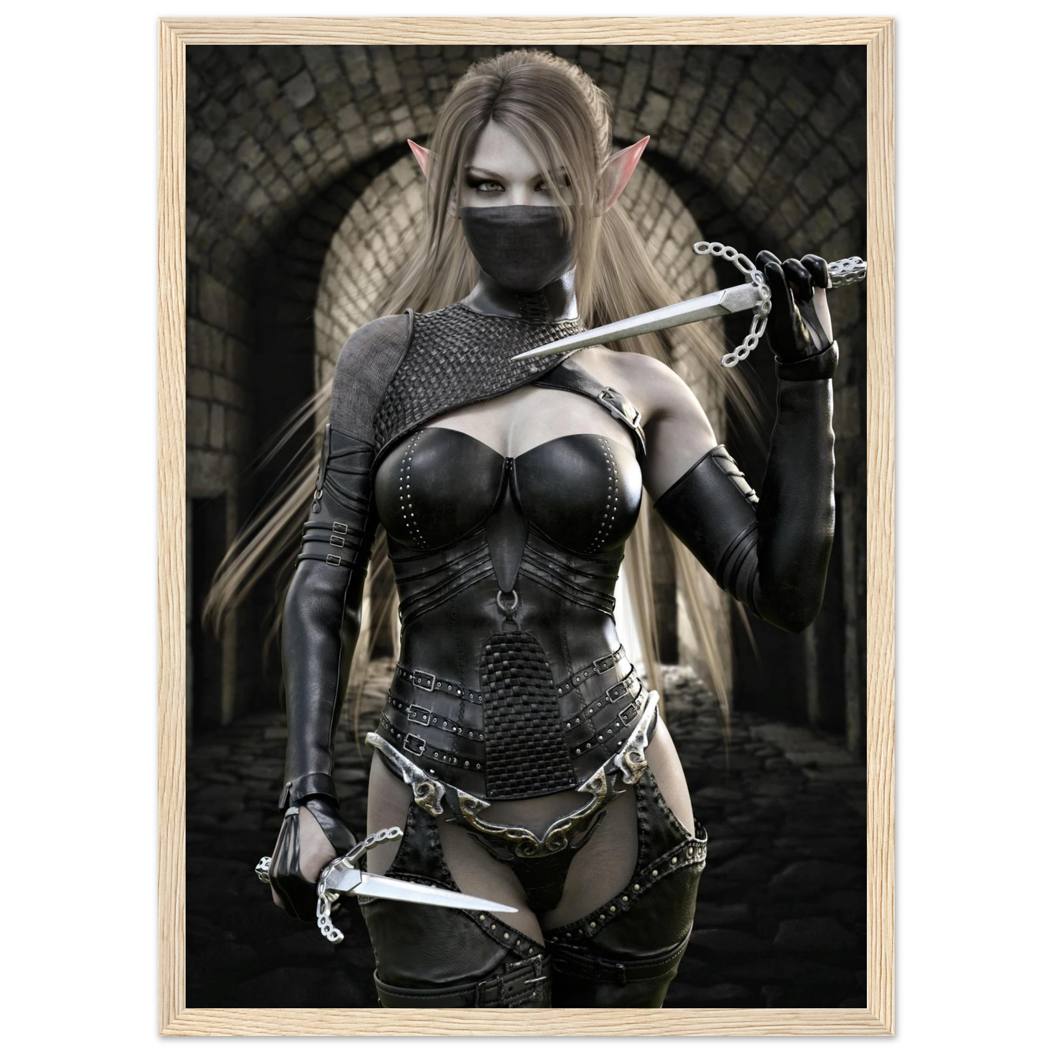 A framed fantasy art print featuring a female elf warrior with long blonde hair, a black face mask, and pointed ears, wearing dark metallic armor and holding swords in a stone archway setting. The print is enclosed in a light natural wood frame.