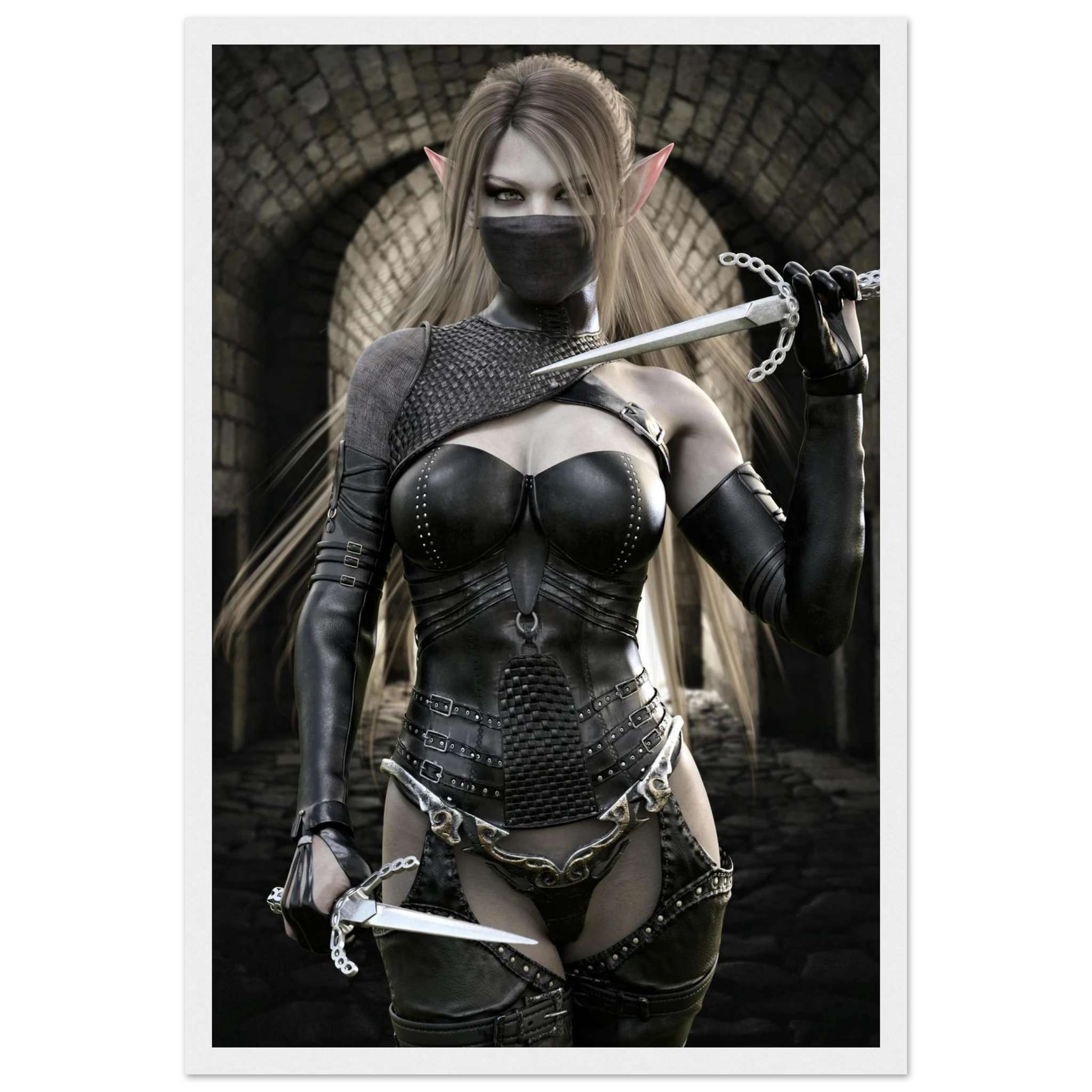 A vertical art print featuring a fantasy female warrior with long light brown hair, pointed ears, a black face mask, and black chainmail-style armor, holding two short swords in a dark stone archway. The print is shown with a white border against a white background.