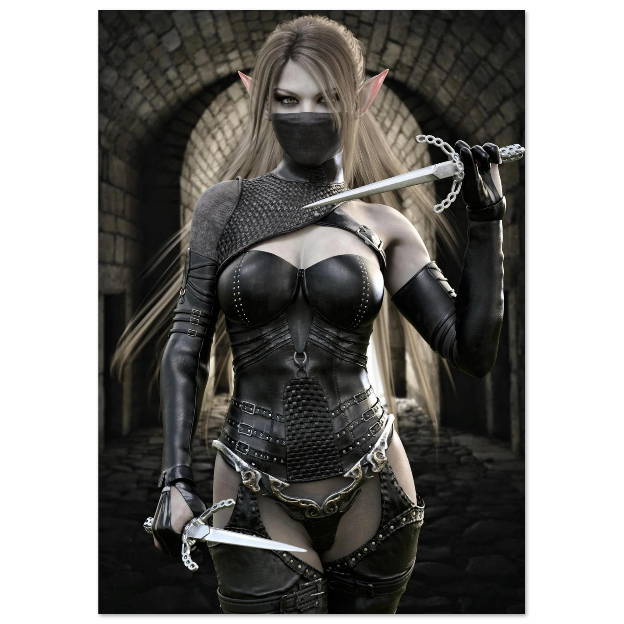 Handcrafted Elf Assassin wall art featuring a masked female elven rogue wielding twin daggers inside an ancient stone fortress. Fantasy artwork perfect for gaming rooms, RPG fans, and medieval fantasy décor.