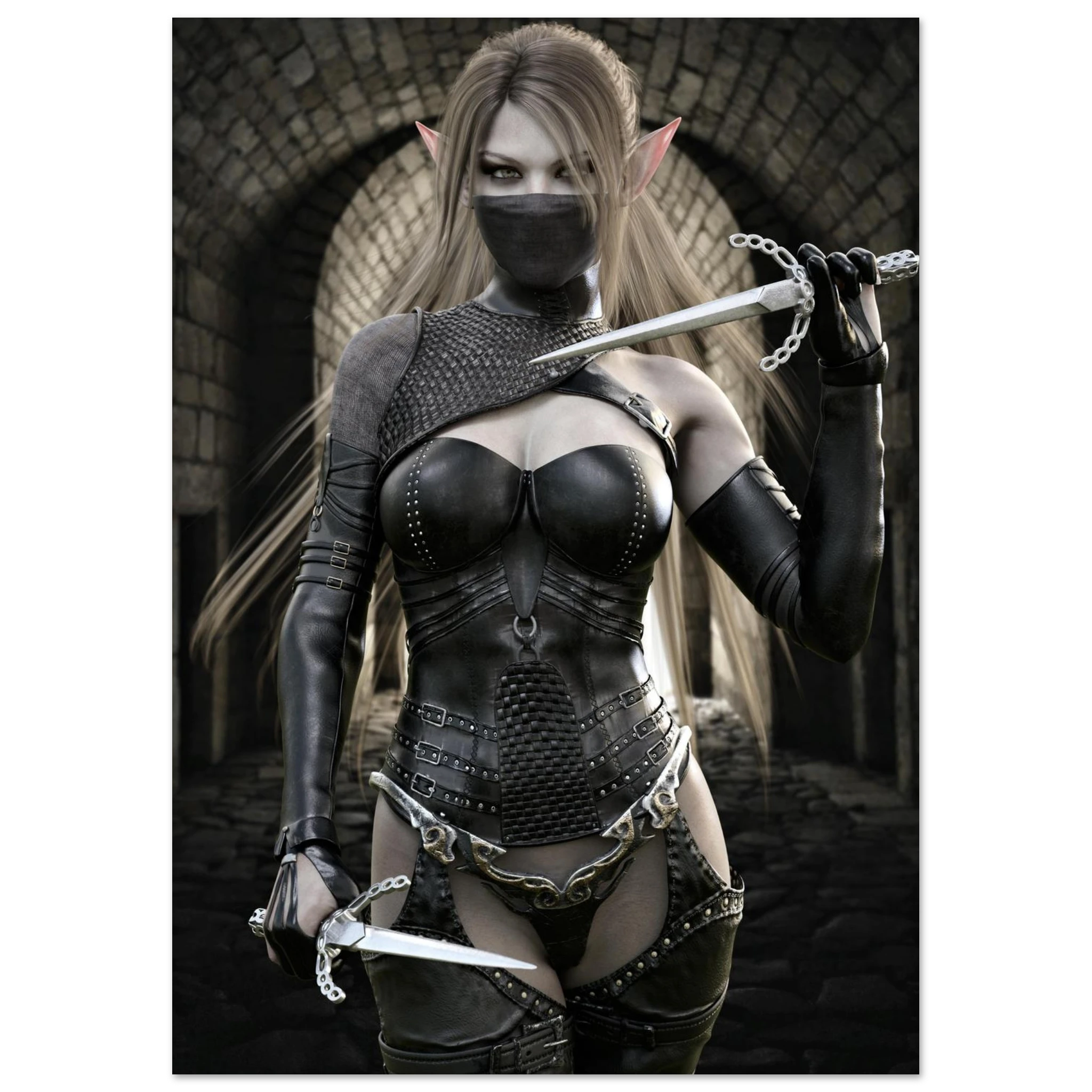 Handcrafted Elf Assassin wall art featuring a masked female elven rogue wielding twin daggers inside an ancient stone fortress. Fantasy artwork perfect for gaming rooms, RPG fans, and medieval fantasy décor.