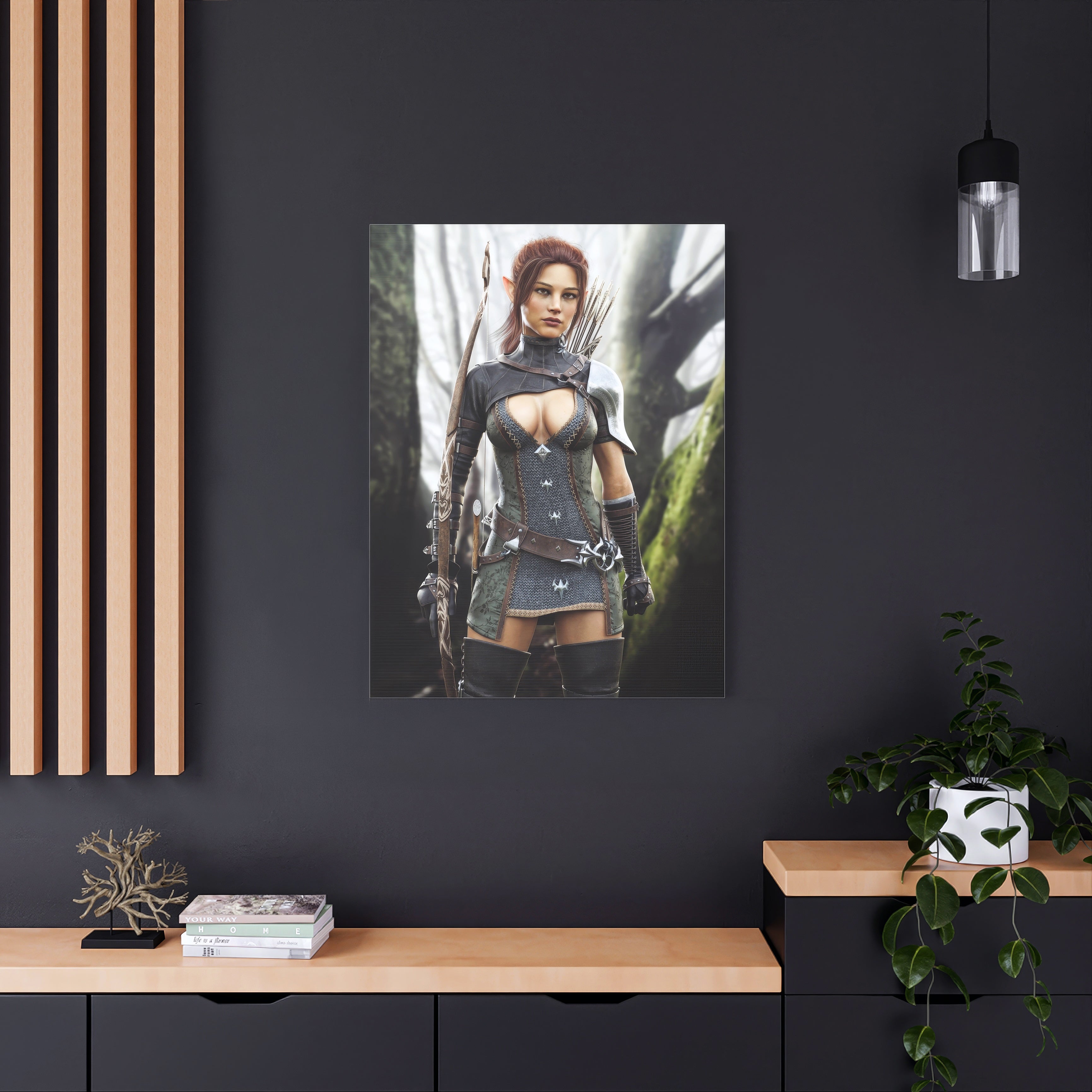 Framed artwork of a wood elf character in fantasy attire on a dark wall above a wooden shelf.