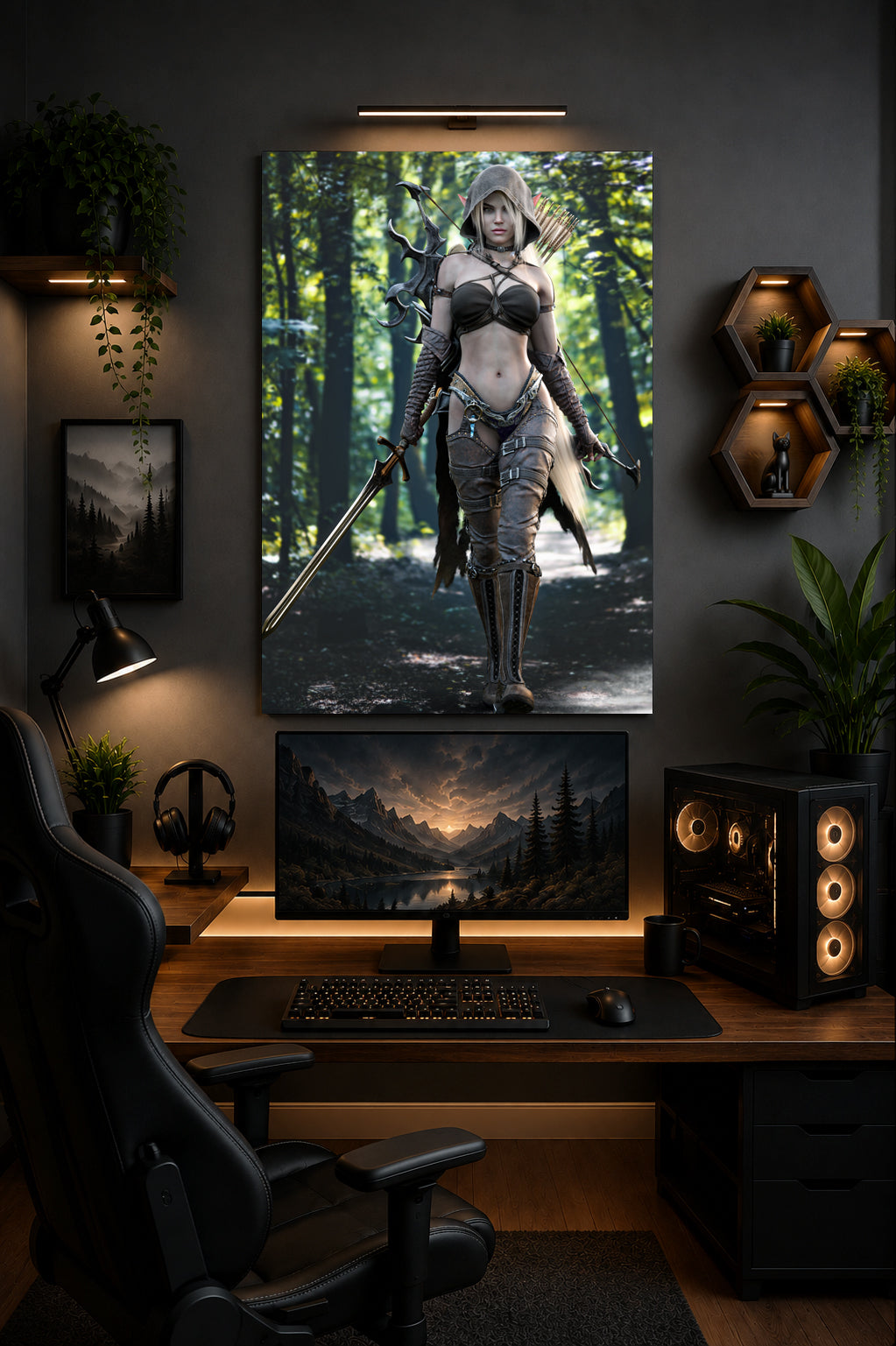 Fantasy wall art featuring a hooded elf warrior with sword, bow, and quiver, walking through a sunlit forest on an epic adventure quest.