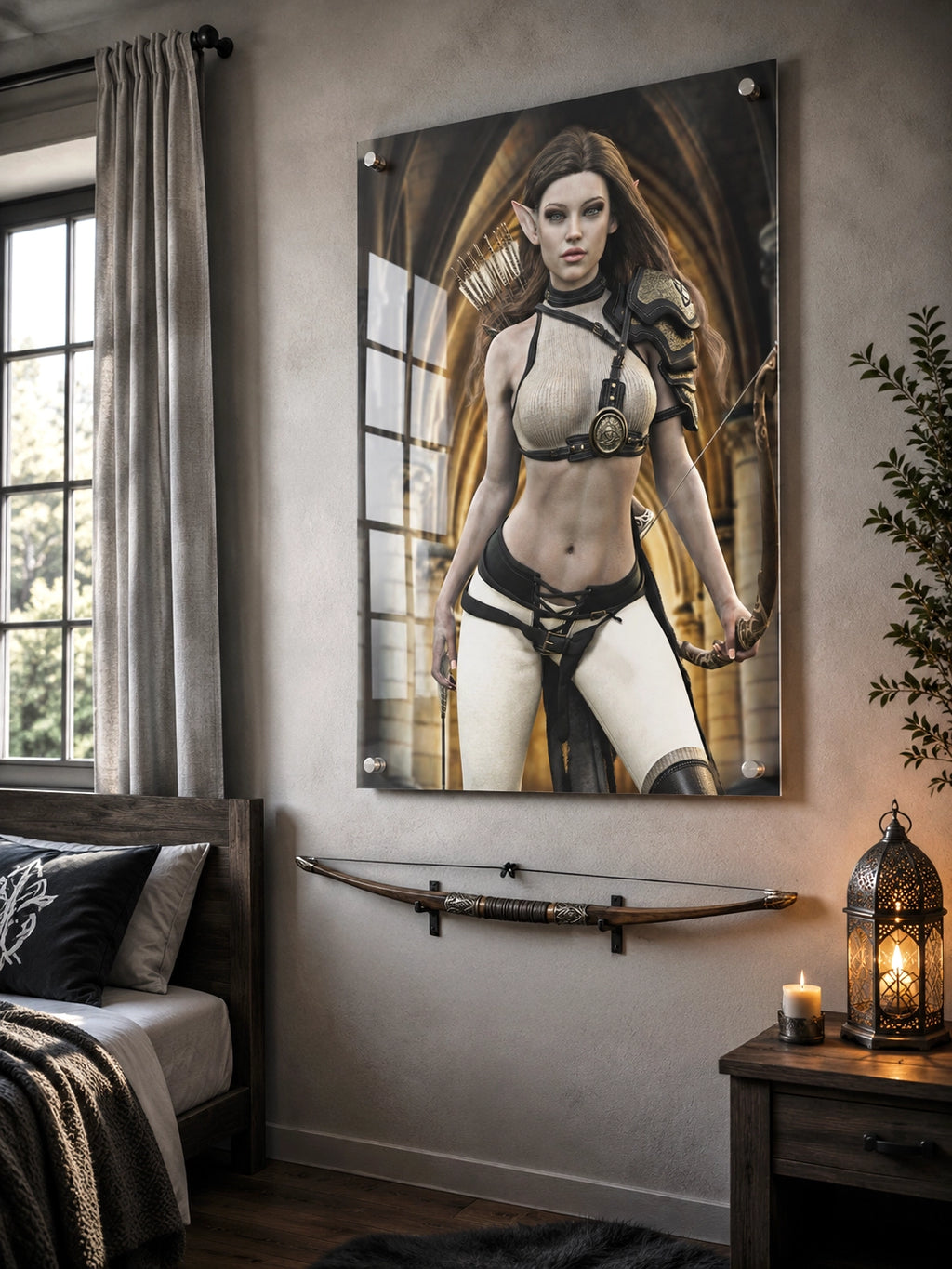 Handcrafted Elven Archer wall art featuring a graceful female elf ranger carrying an ornate longbow and quiver of arrows before majestic medieval arches. Fantasy artwork perfect for gaming rooms, RPG fans, archery enthusiasts, and medieval fantasy décor.