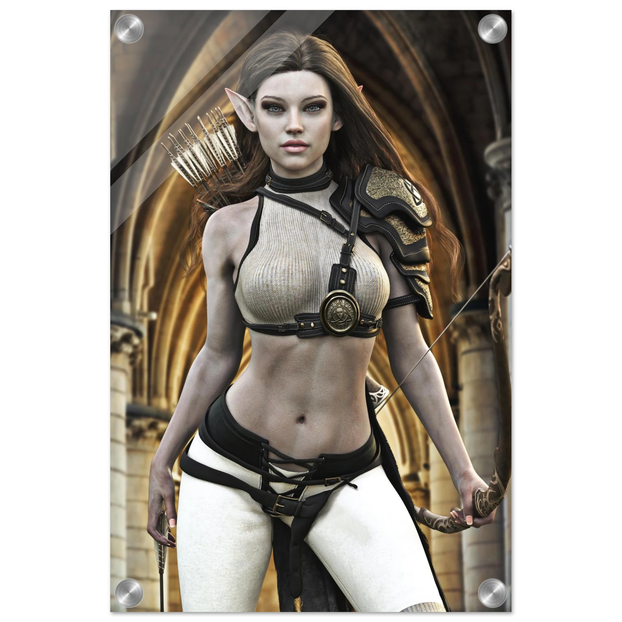 Handcrafted Elven Archer wall art featuring a graceful female elf ranger carrying an ornate longbow and quiver of arrows before majestic medieval arches. Fantasy artwork perfect for gaming rooms, RPG fans, archery enthusiasts, and medieval fantasy décor.