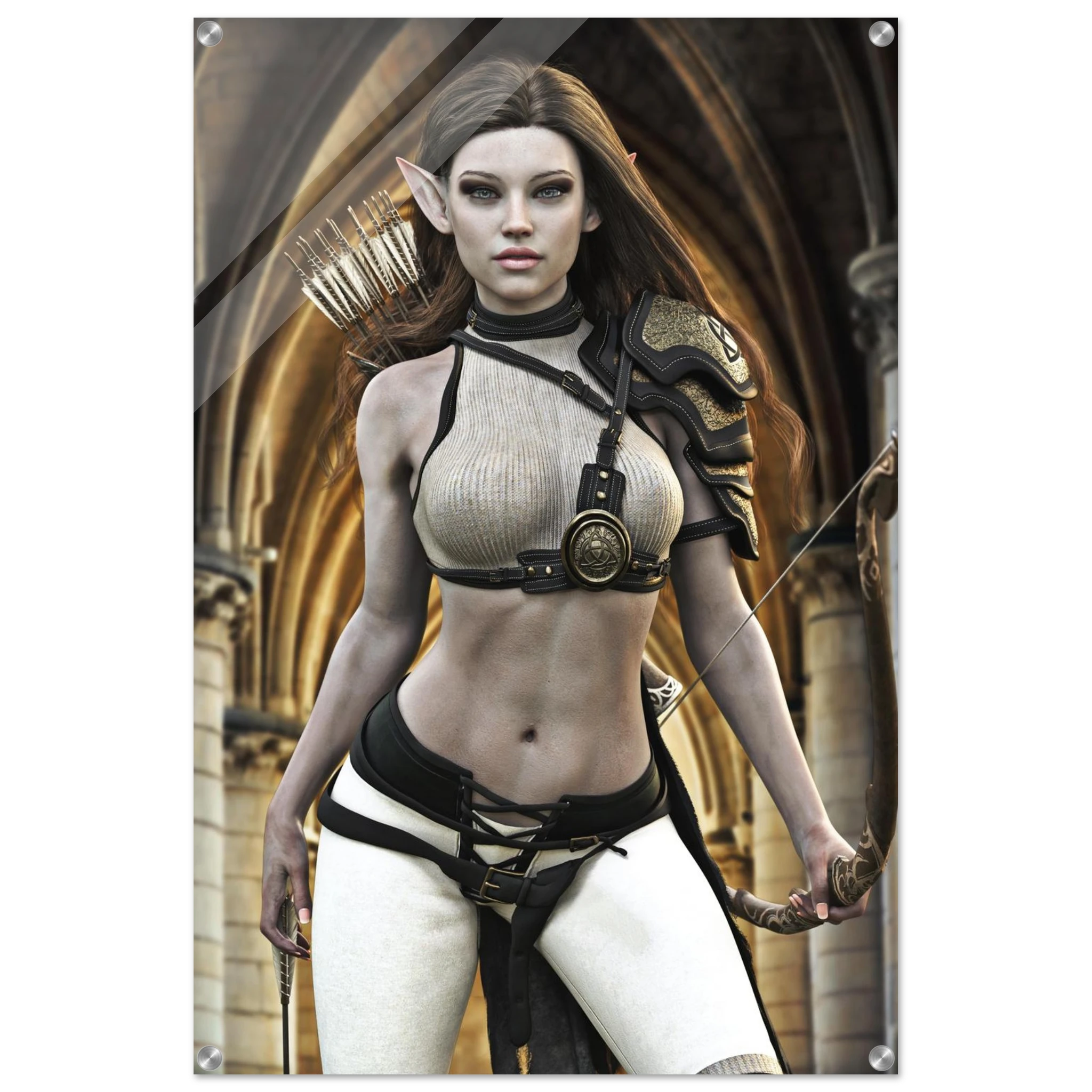Handcrafted Elven Archer wall art featuring a graceful female elf ranger carrying an ornate longbow and quiver of arrows before majestic medieval arches. Fantasy artwork perfect for gaming rooms, RPG fans, archery enthusiasts, and medieval fantasy décor.