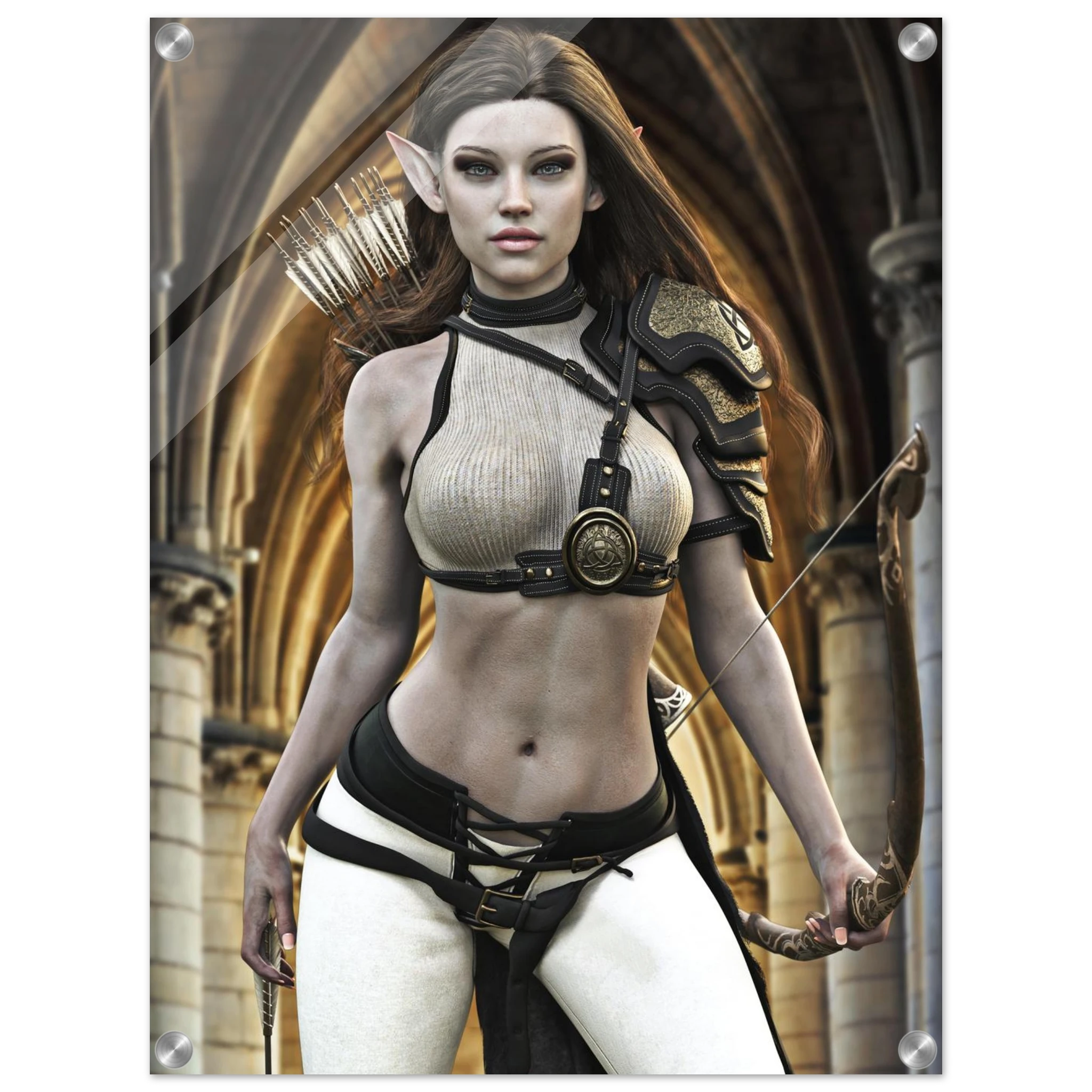 Handcrafted Elven Archer wall art featuring a graceful female elf ranger carrying an ornate longbow and quiver of arrows before majestic medieval arches. Fantasy artwork perfect for gaming rooms, RPG fans, archery enthusiasts, and medieval fantasy décor.