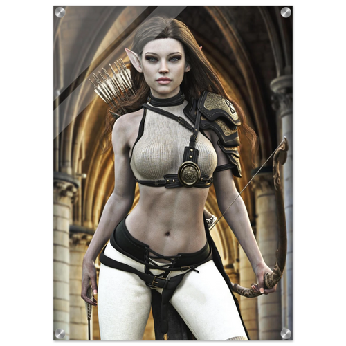 Handcrafted Elven Archer wall art featuring a graceful female elf ranger carrying an ornate longbow and quiver of arrows before majestic medieval arches. Fantasy artwork perfect for gaming rooms, RPG fans, archery enthusiasts, and medieval fantasy décor.