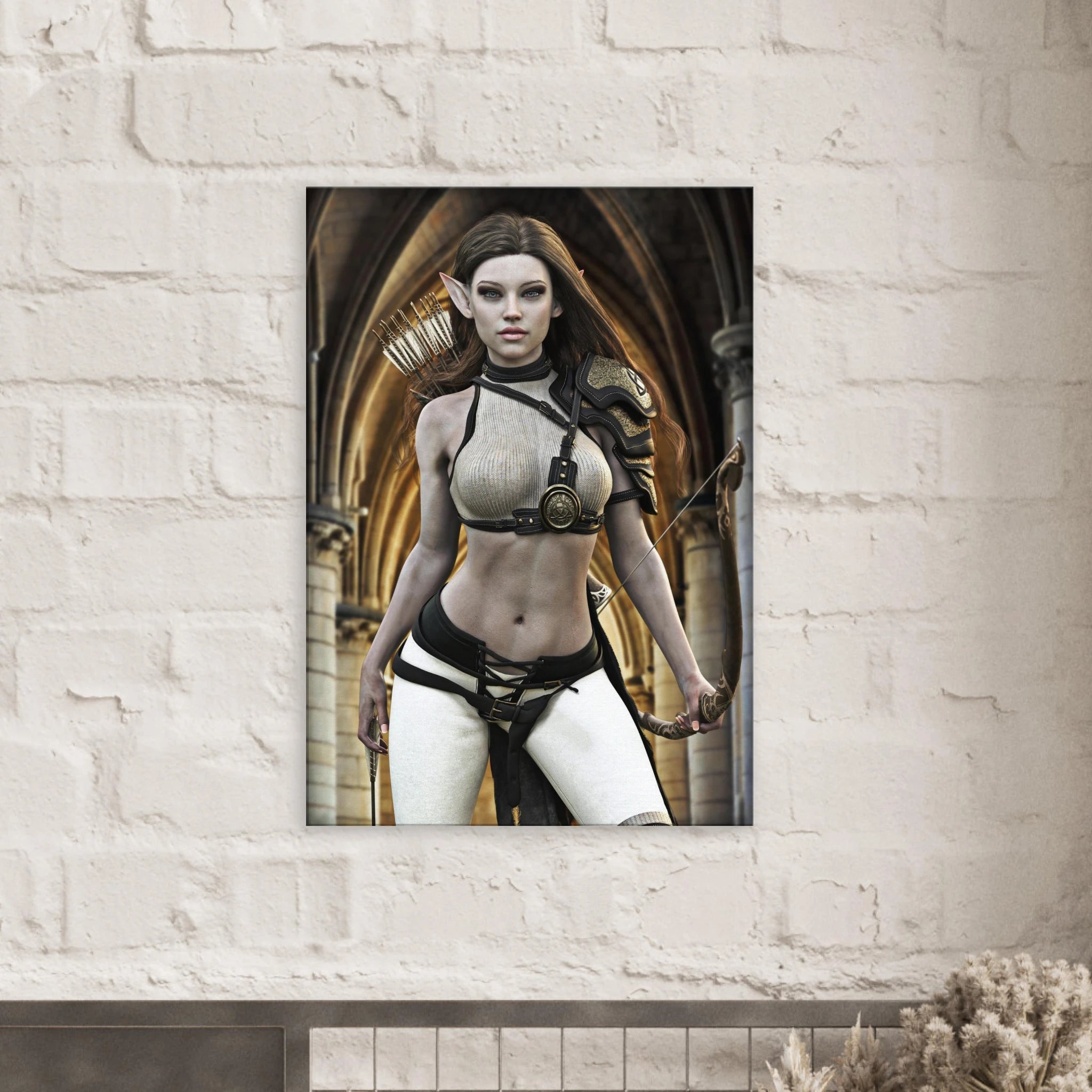 Handcrafted Elven Archer wall art featuring a graceful female elf ranger carrying an ornate longbow and quiver of arrows before majestic medieval arches. Fantasy artwork perfect for gaming rooms, RPG fans, archery enthusiasts, and medieval fantasy décor.