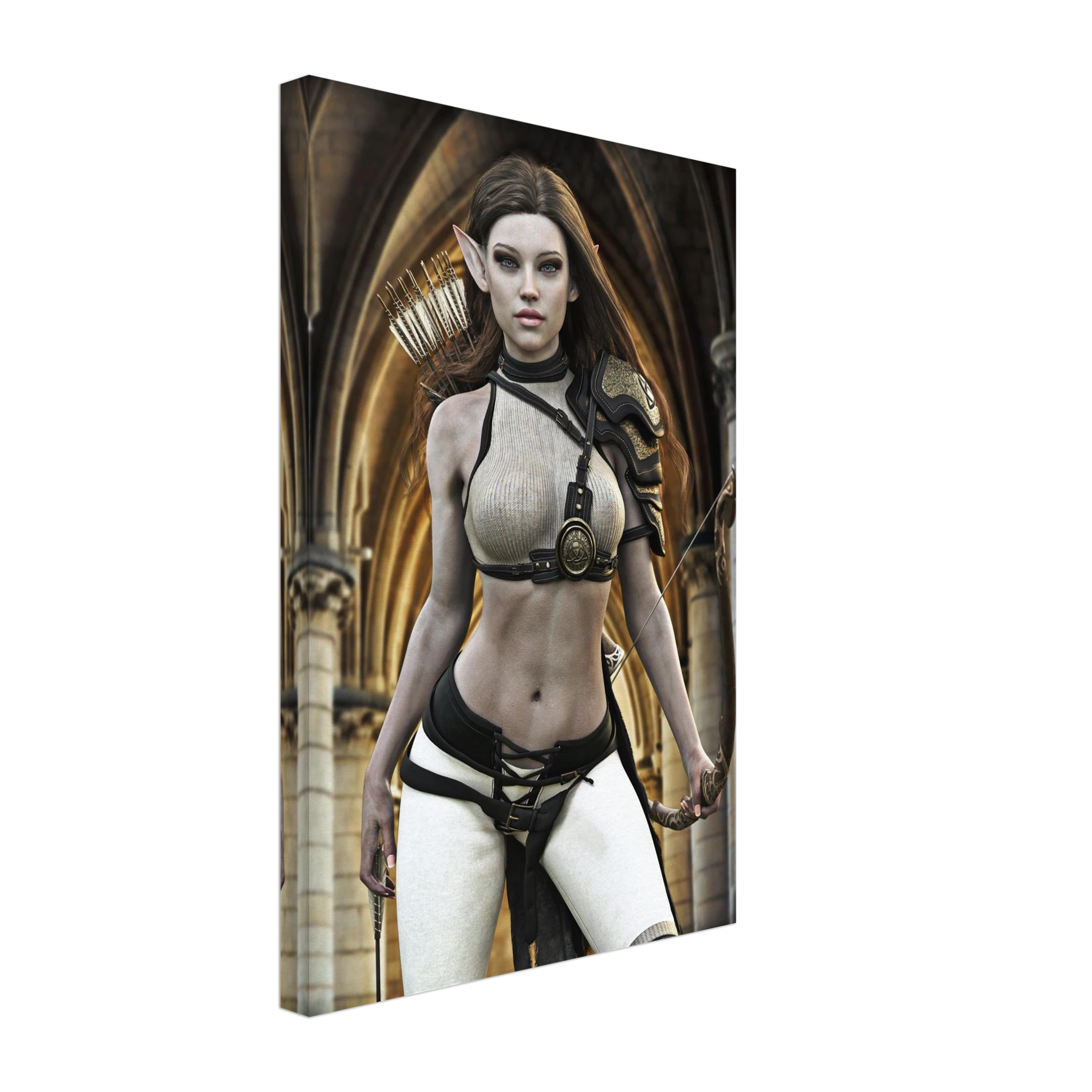 Handcrafted Elven Archer wall art featuring a graceful female elf ranger carrying an ornate longbow and quiver of arrows before majestic medieval arches. Fantasy artwork perfect for gaming rooms, RPG fans, archery enthusiasts, and medieval fantasy décor.