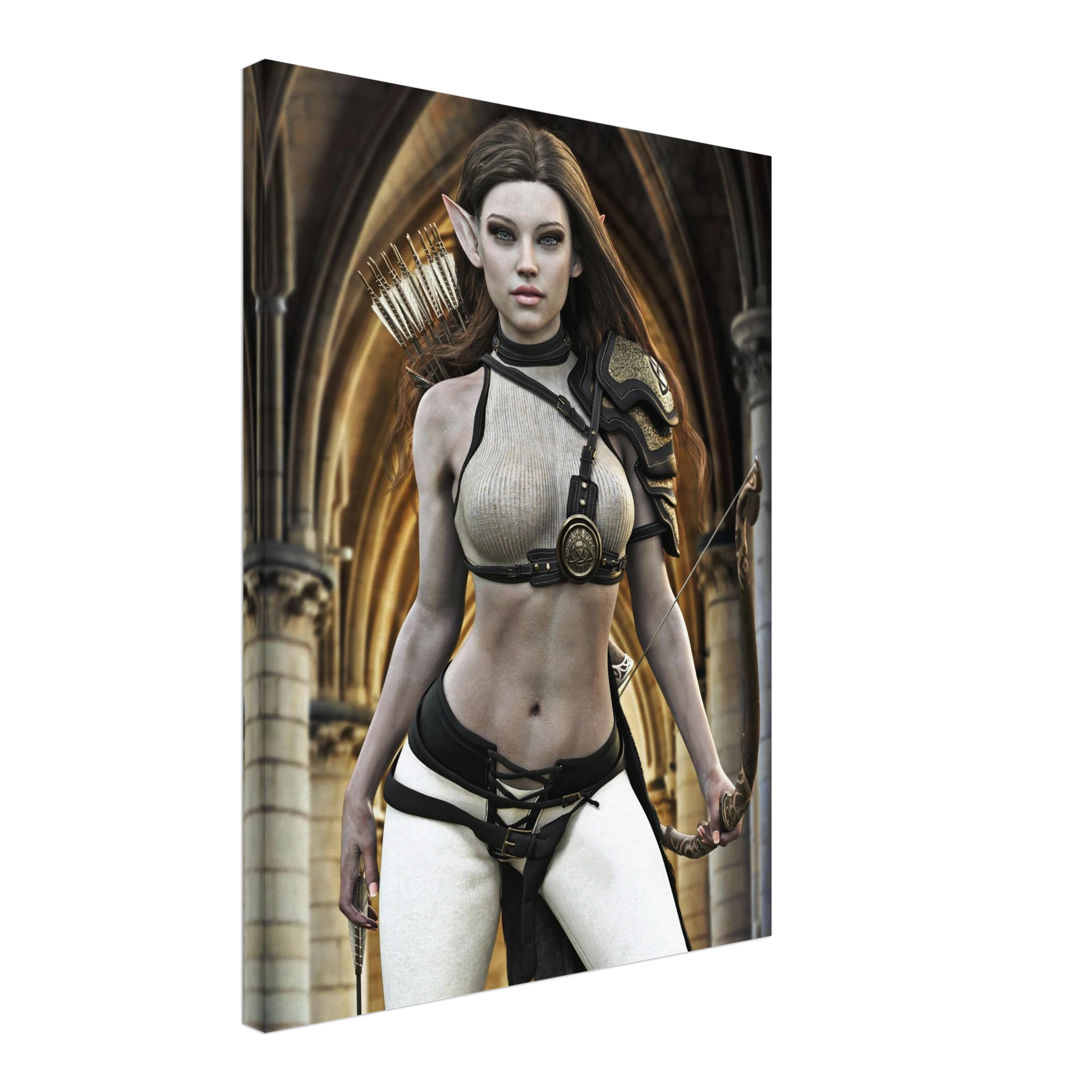 Handcrafted Elven Archer wall art featuring a graceful female elf ranger carrying an ornate longbow and quiver of arrows before majestic medieval arches. Fantasy artwork perfect for gaming rooms, RPG fans, archery enthusiasts, and medieval fantasy décor.
