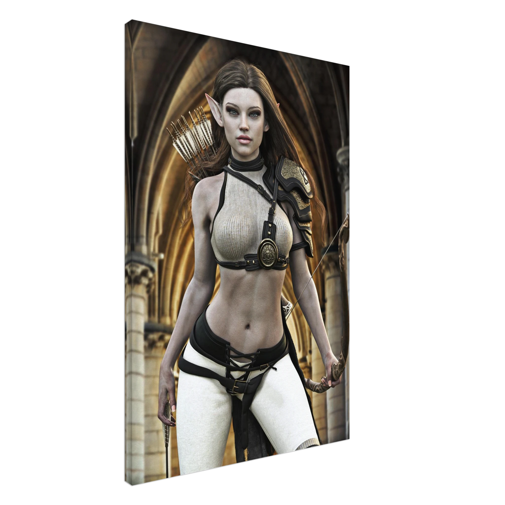 Handcrafted Elven Archer wall art featuring a graceful female elf ranger carrying an ornate longbow and quiver of arrows before majestic medieval arches. Fantasy artwork perfect for gaming rooms, RPG fans, archery enthusiasts, and medieval fantasy décor.