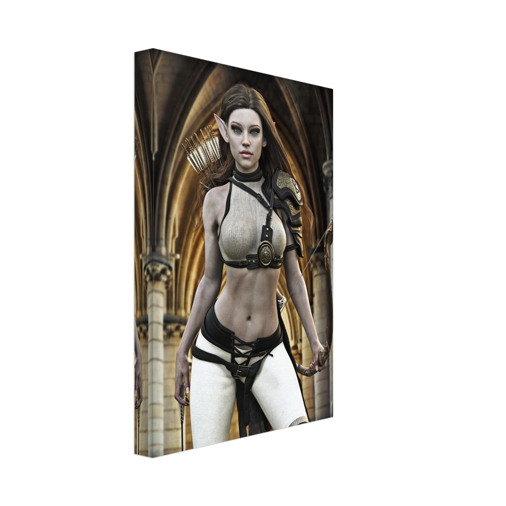 Handcrafted Elven Archer wall art featuring a graceful female elf ranger carrying an ornate longbow and quiver of arrows before majestic medieval arches. Fantasy artwork perfect for gaming rooms, RPG fans, archery enthusiasts, and medieval fantasy décor.