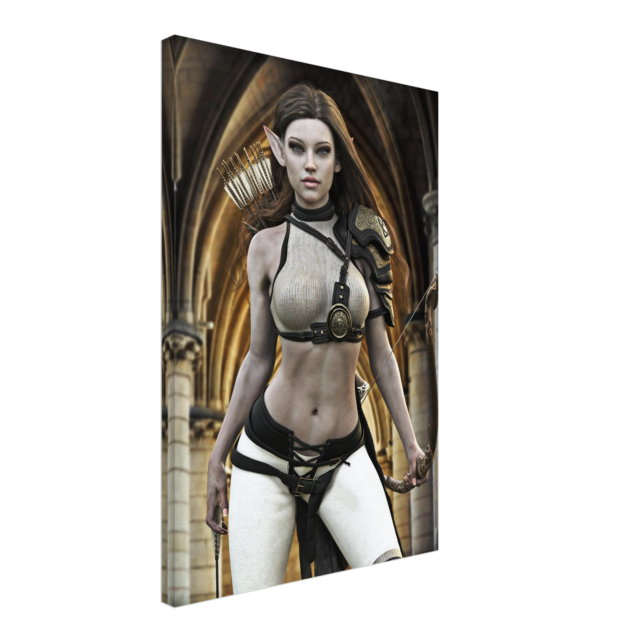 Handcrafted Elven Archer wall art featuring a graceful female elf ranger carrying an ornate longbow and quiver of arrows before majestic medieval arches. Fantasy artwork perfect for gaming rooms, RPG fans, archery enthusiasts, and medieval fantasy décor.