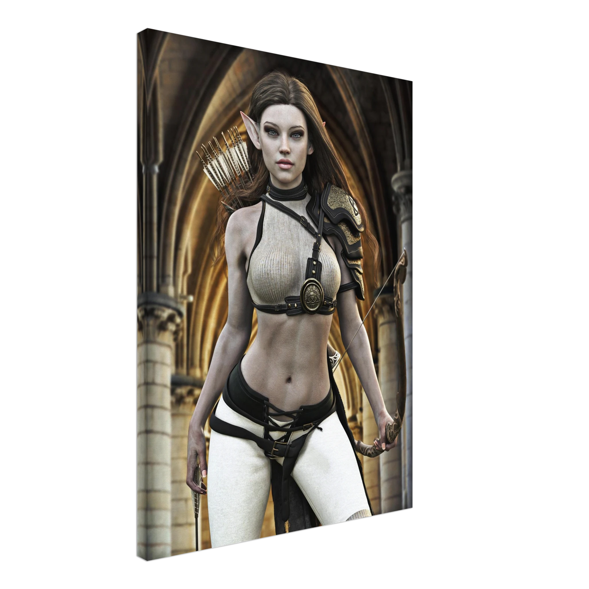 Handcrafted Elven Archer wall art featuring a graceful female elf ranger carrying an ornate longbow and quiver of arrows before majestic medieval arches. Fantasy artwork perfect for gaming rooms, RPG fans, archery enthusiasts, and medieval fantasy décor.