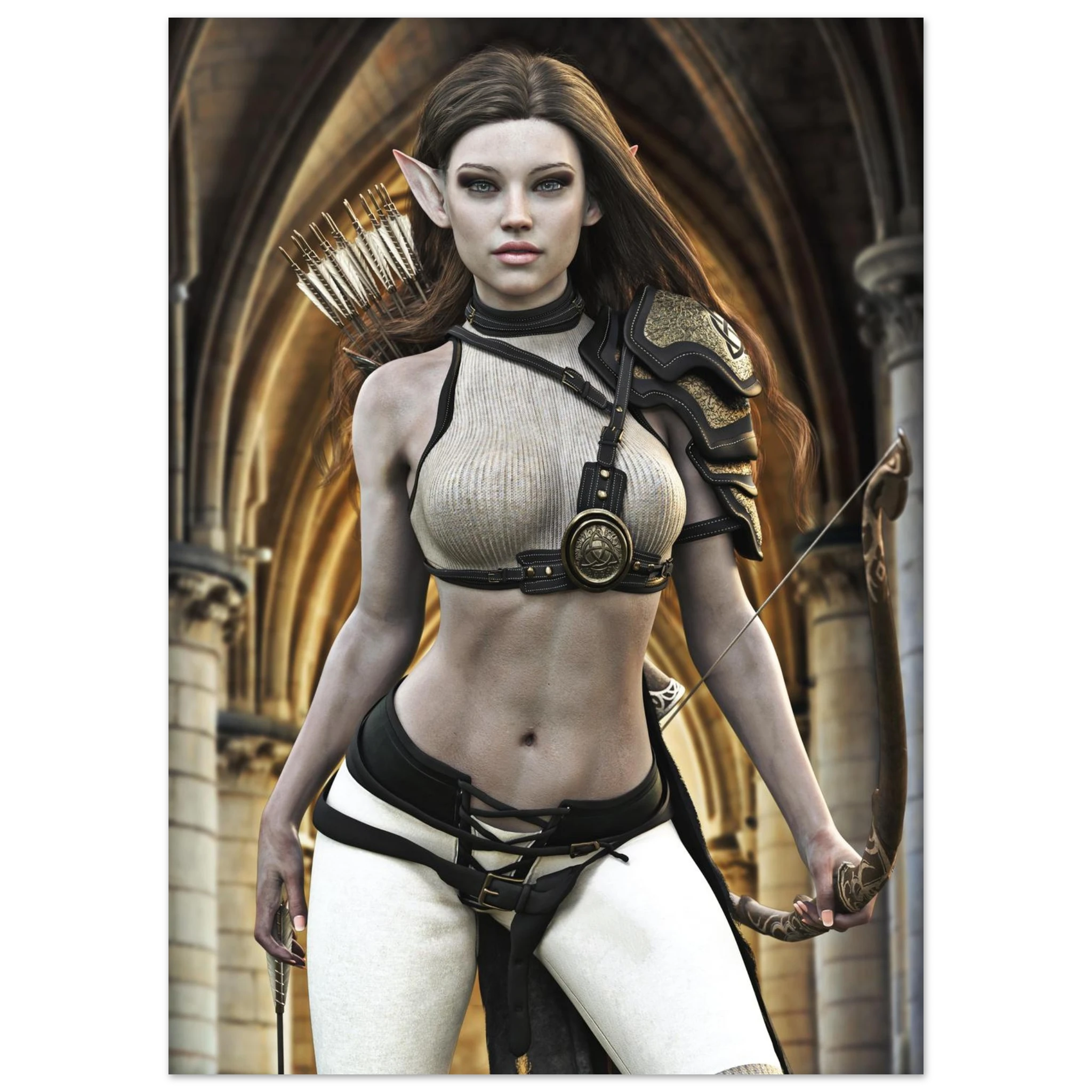 A fantasy female elf archer character print, shown wearing a beige ribbed crop top, black harness, white leggings, and carrying a bow and quiver in an arched stone corridor.