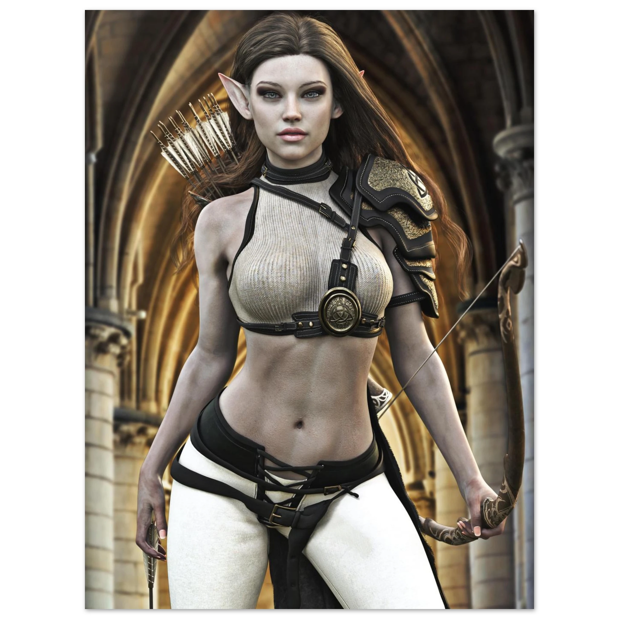A fantasy female archer character standing in an arched stone corridor, holding a bow. She has pointed ears, long brown hair, a beige ribbed top, black harness details, and white pants.