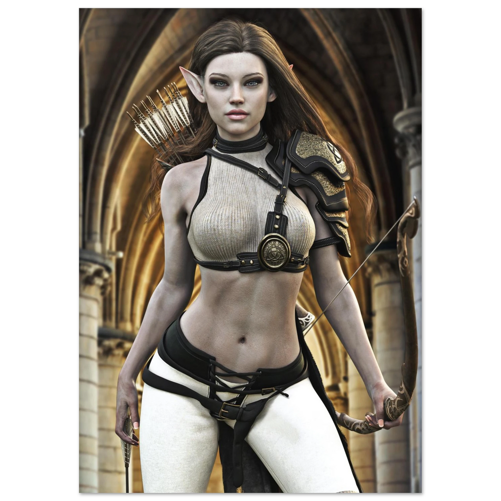 A fantasy elf woman character wearing a ribbed beige and black harness-style top, black-and-white pants, and an armored shoulder piece, posed in front of a stone archway while holding a bow.