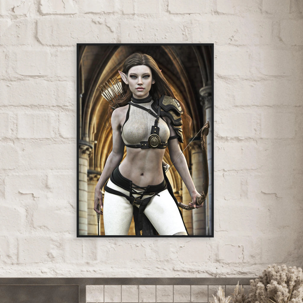 Handcrafted Elven Archer wall art featuring a graceful female elf ranger carrying an ornate longbow and quiver of arrows before majestic medieval arches. Fantasy artwork perfect for gaming rooms, RPG fans, archery enthusiasts, and medieval fantasy décor.