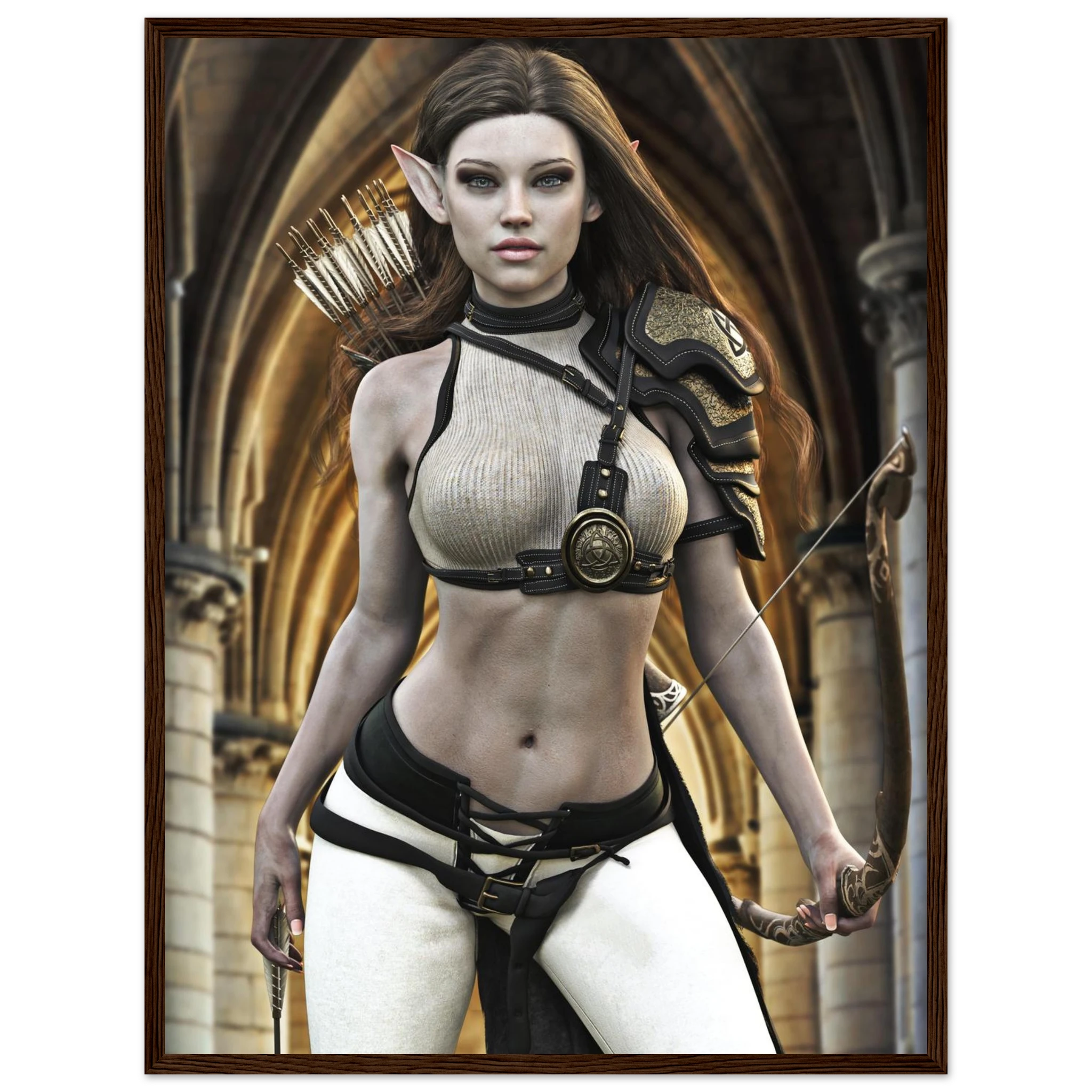Handcrafted Elven Archer wall art featuring a graceful female elf ranger carrying an ornate longbow and quiver of arrows before majestic medieval arches. Fantasy artwork perfect for gaming rooms, RPG fans, archery enthusiasts, and medieval fantasy décor.
