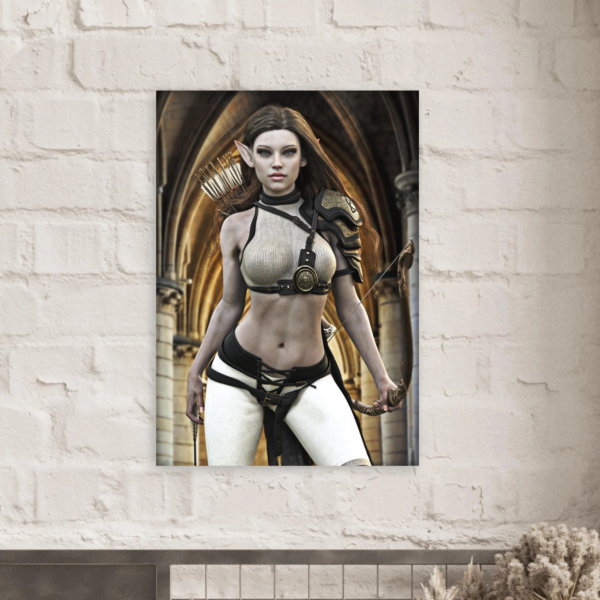 Handcrafted Elven Archer wall art featuring a graceful female elf ranger carrying an ornate longbow and quiver of arrows before majestic medieval arches. Fantasy artwork perfect for gaming rooms, RPG fans, archery enthusiasts, and medieval fantasy décor.