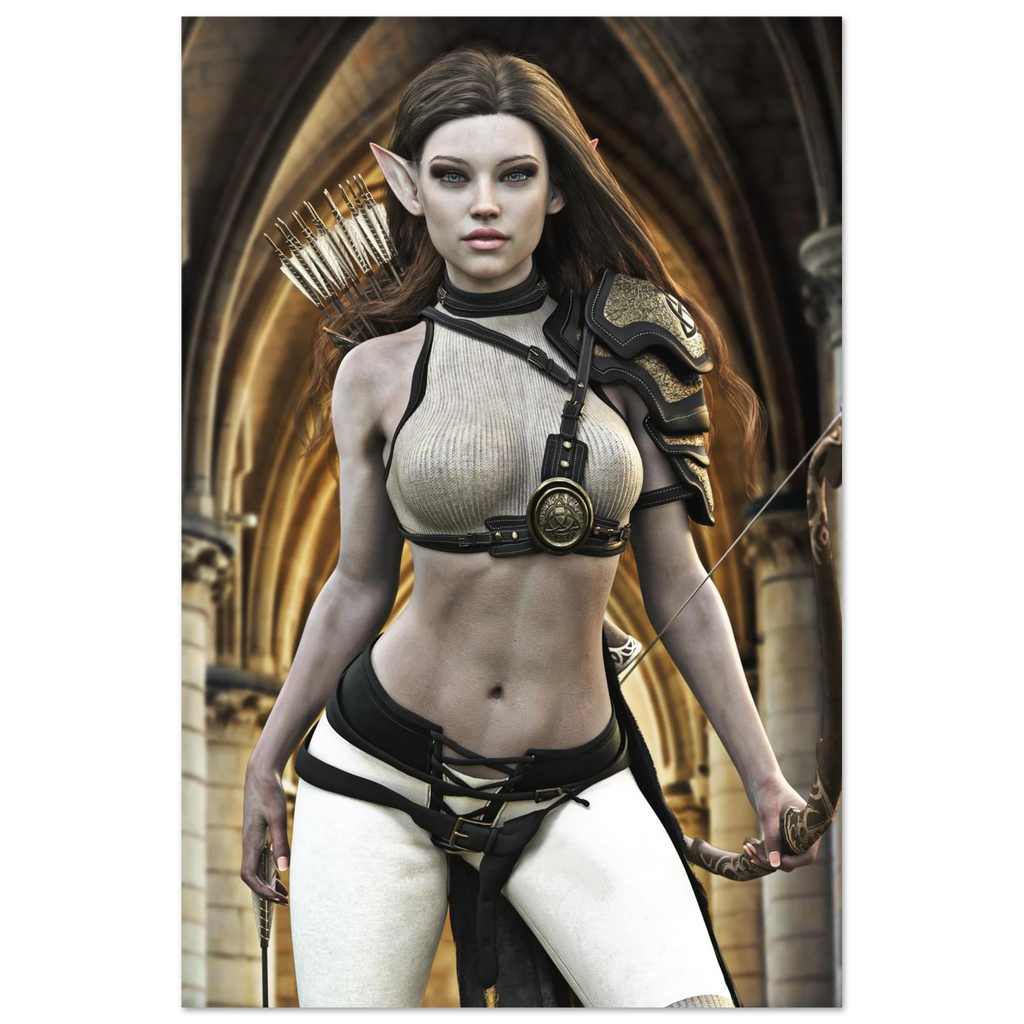 Handcrafted Elven Archer wall art featuring a graceful female elf ranger carrying an ornate longbow and quiver of arrows before majestic medieval arches. Fantasy artwork perfect for gaming rooms, RPG fans, archery enthusiasts, and medieval fantasy décor.