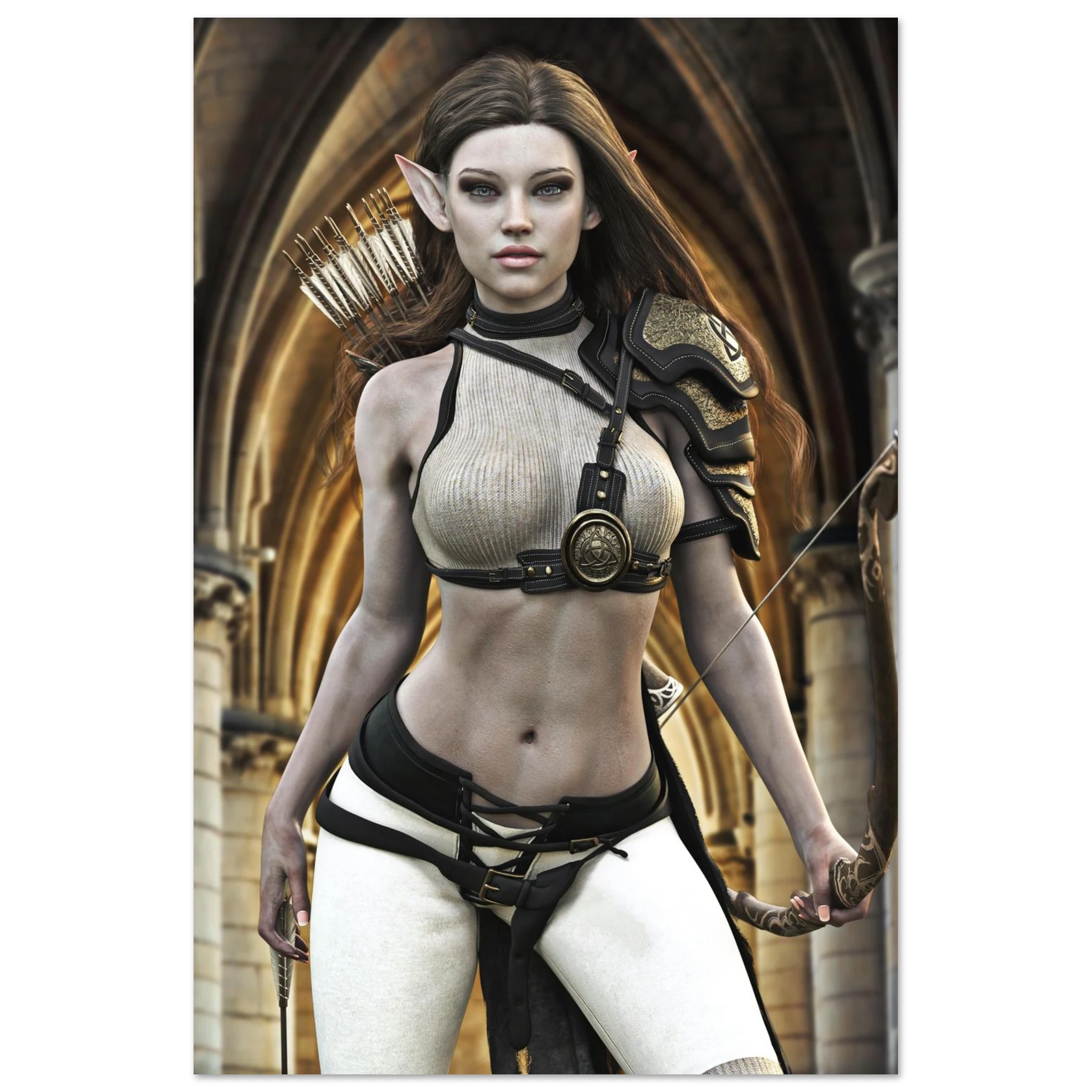 Handcrafted Elven Archer wall art featuring a graceful female elf ranger carrying an ornate longbow and quiver of arrows before majestic medieval arches. Fantasy artwork perfect for gaming rooms, RPG fans, archery enthusiasts, and medieval fantasy décor.