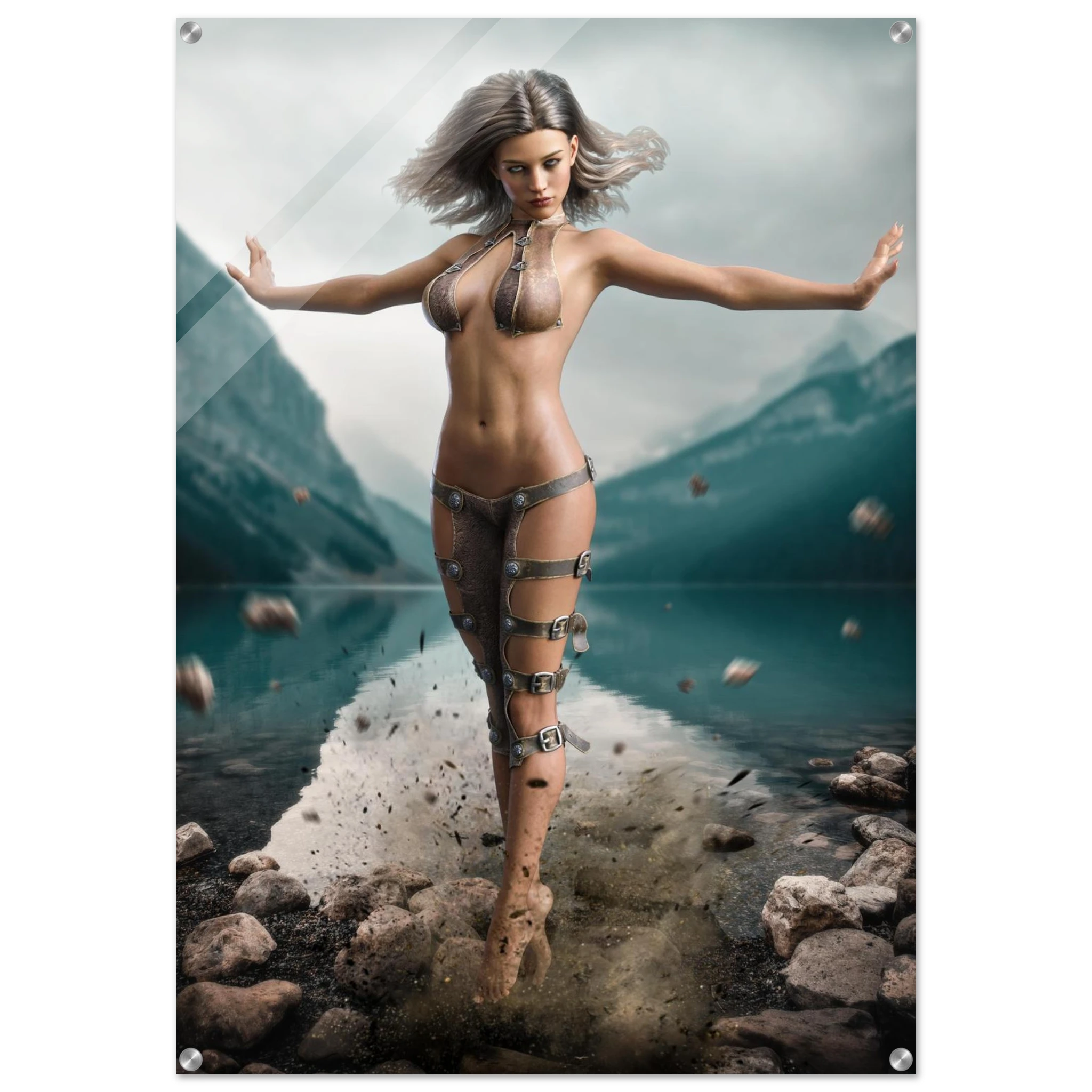 Handcrafted Fantasy Druid Mage wall art featuring a powerful female druid levitating above a mountain lake while controlling floating stones with elemental nature magic. Fantasy artwork perfect for gaming rooms, RPG fans, and nature-inspired medieval fantasy décor.