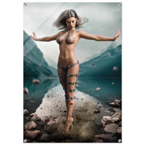 Handcrafted Fantasy Druid Mage wall art featuring a powerful female druid levitating above a mountain lake while controlling floating stones with elemental nature magic. Fantasy artwork perfect for gaming rooms, RPG fans, and nature-inspired medieval fantasy décor.