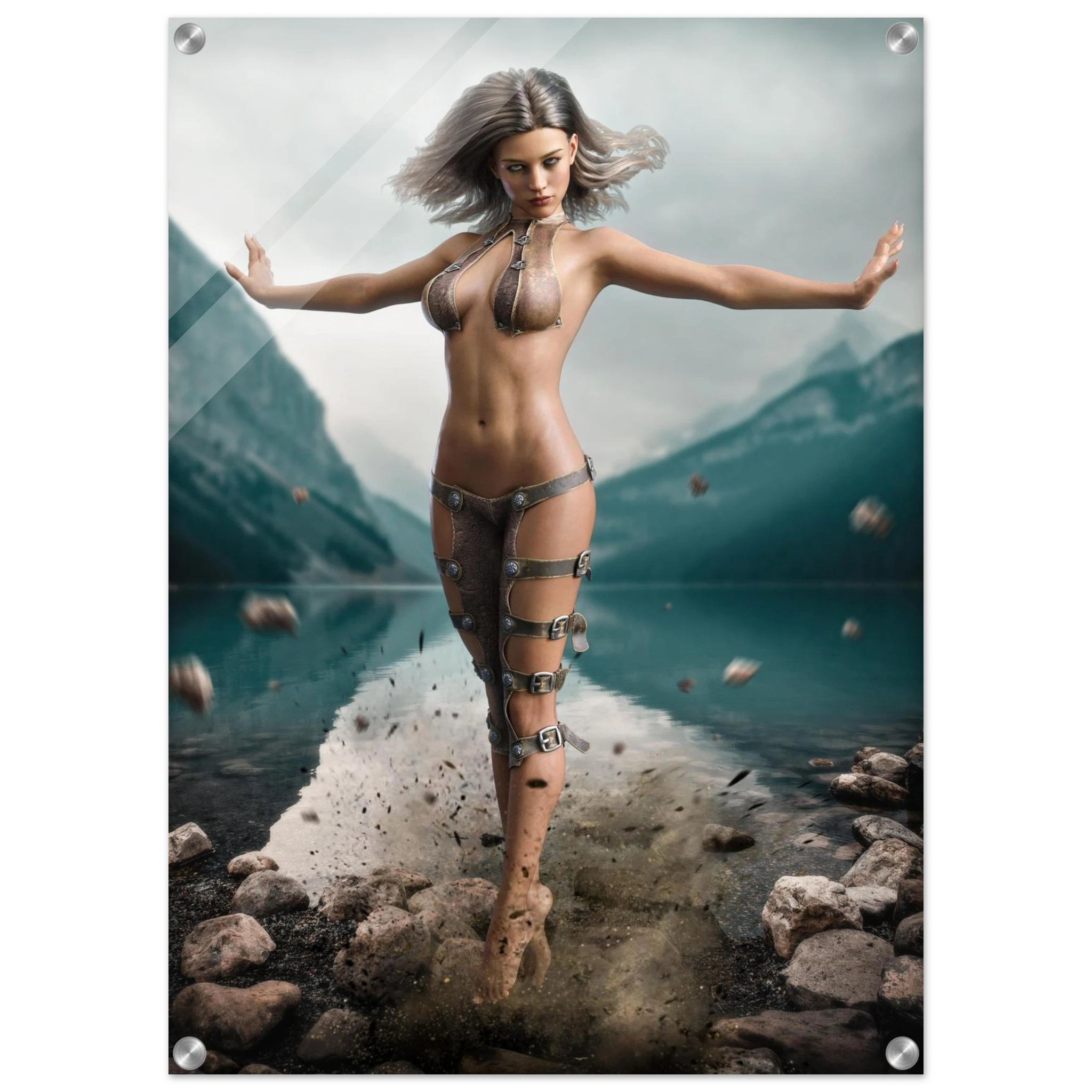Handcrafted Fantasy Druid Mage wall art featuring a powerful female druid levitating above a mountain lake while controlling floating stones with elemental nature magic. Fantasy artwork perfect for gaming rooms, RPG fans, and nature-inspired medieval fantasy décor.
